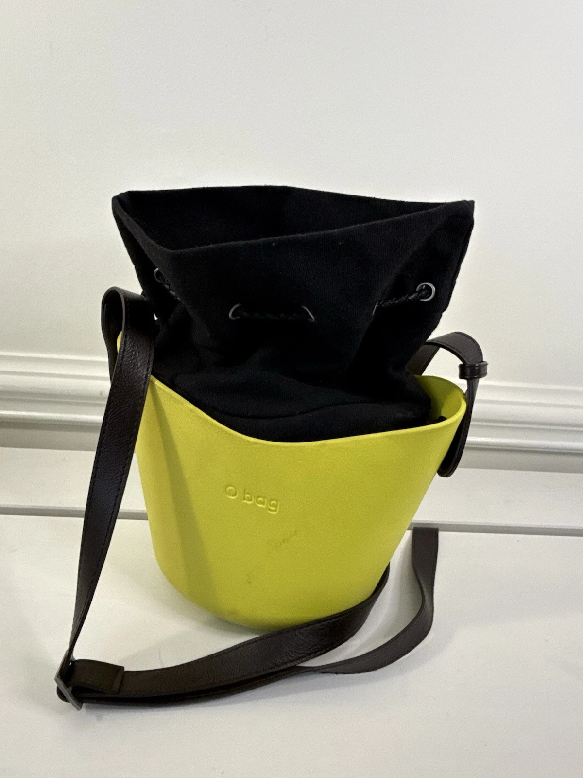 ✿ O bag Mini Bucket Bag Yellow Rubber Body Brown Leather Strap Crossbody Italy - O Bag