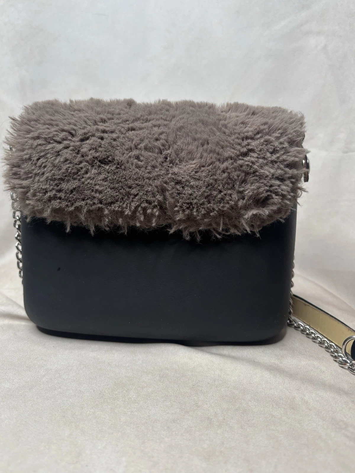 OBag Italy Faux Fur Mini Handbag Taupe Gray Blk Modular EVA Shell Chain Crossbod - O Bag