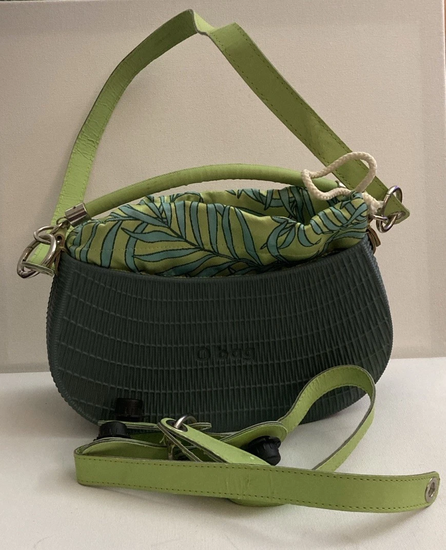 O bag Italian Green Gray Bag plastic on the bottom fabric bag inside 11x7 boho - O Bag