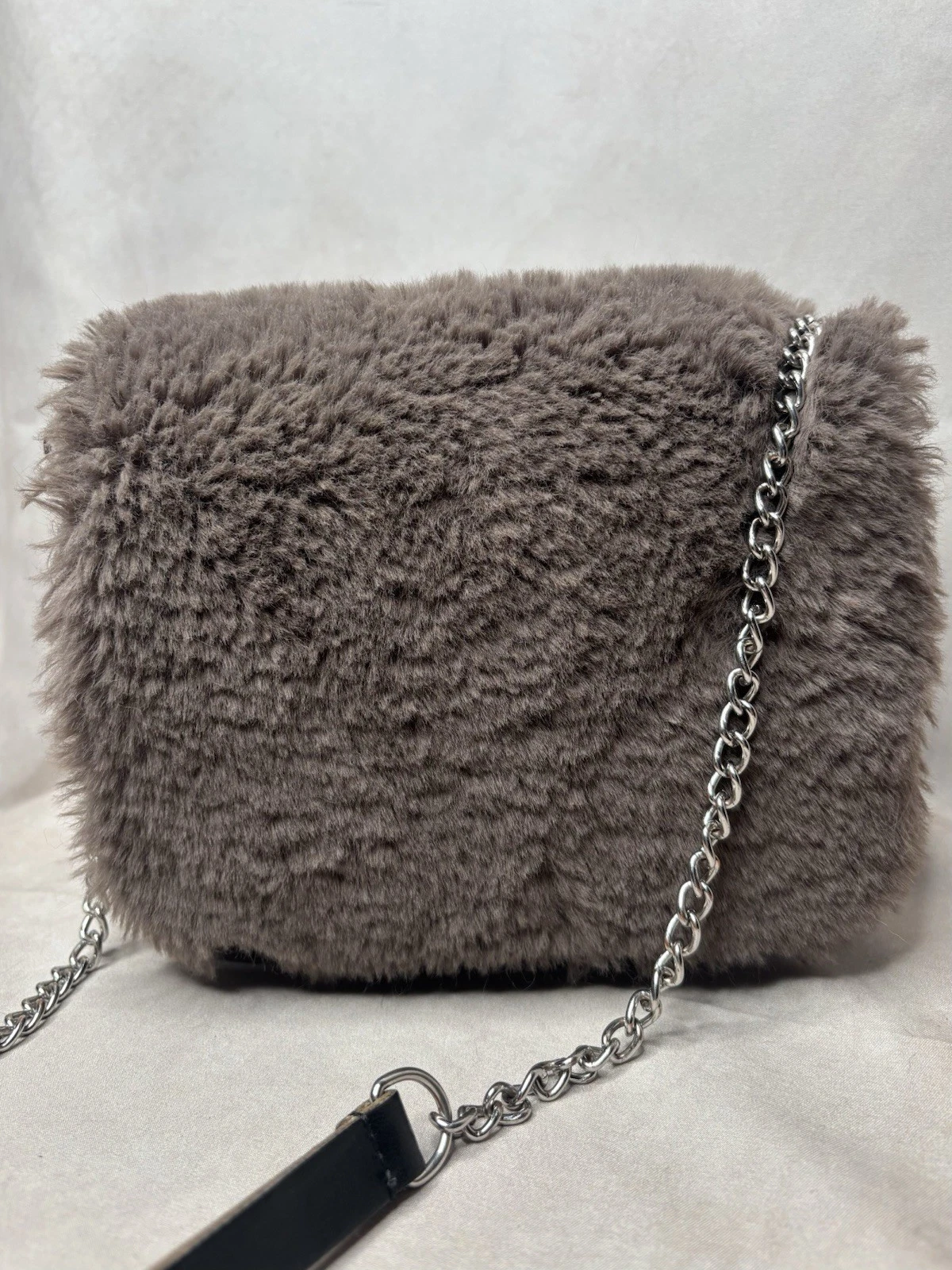 OBag Italy Faux Fur Mini Handbag Taupe Gray Blk Modular EVA Shell Chain Crossbod - O Bag