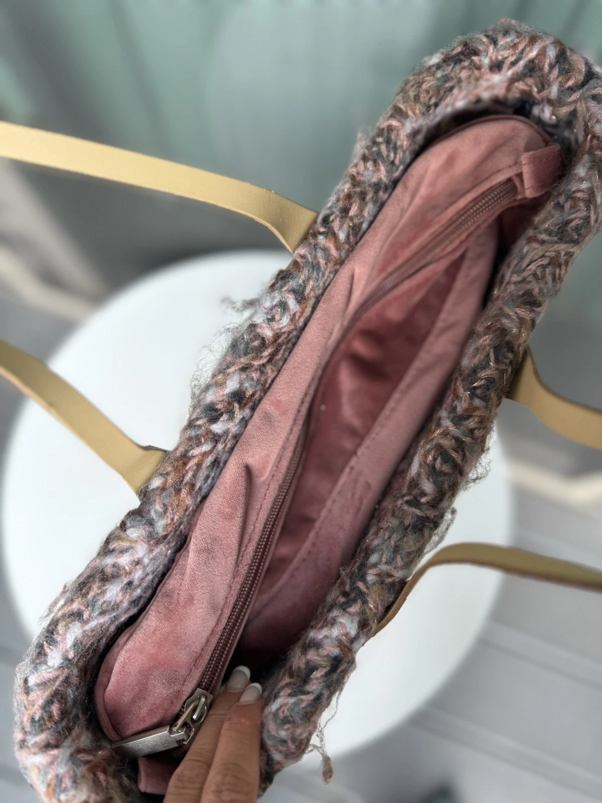 O Bag Beige Tote with Knit Tweed Top Trim & Pink Handles - O Bag