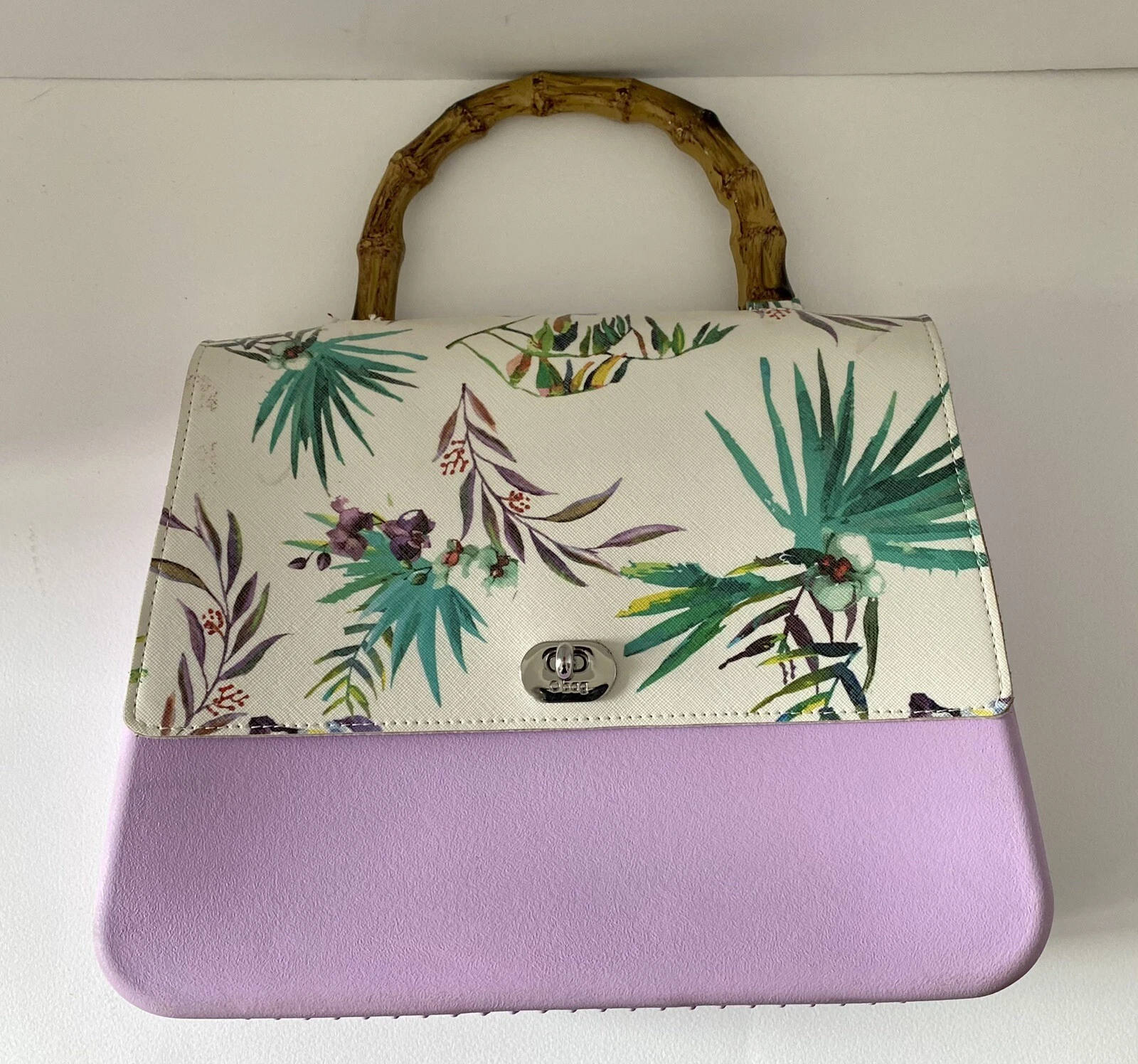 Obag O bag Purse Handbag Lavender And Floral Flap Clasp Faux Wooden Handle - O Bag