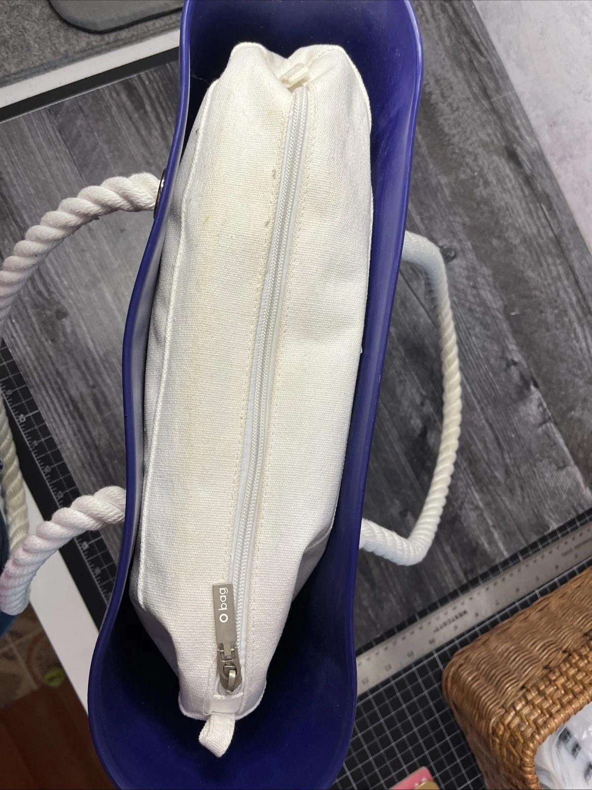 O -Bag Tote with insert, Made in Italy Blue With White Rope Handles - O Bag