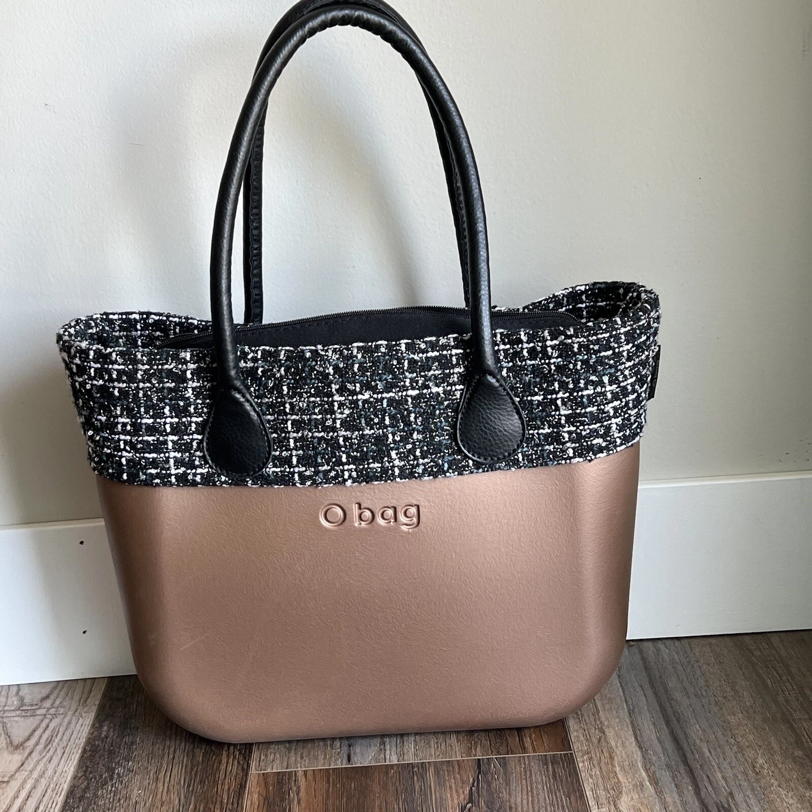 O bag Obag Italy Bronze Brown / Black Handles & Tweed Insert Tote Purse Handbag - O Bag