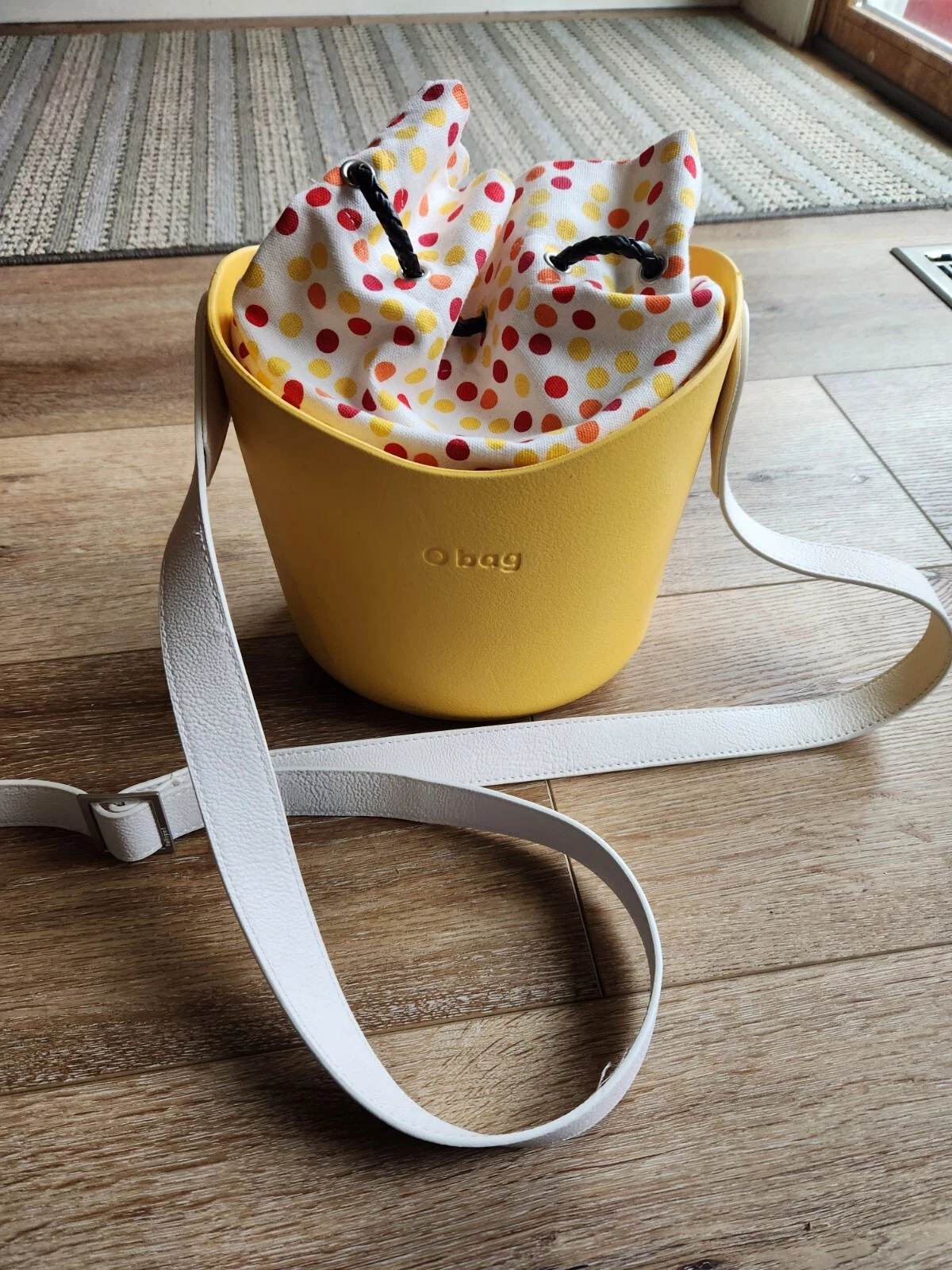 OBAG ITALY RARE Compound Bucket Basket Tote Crossbody Bag Yellow Polka Dot Liner - O Bag