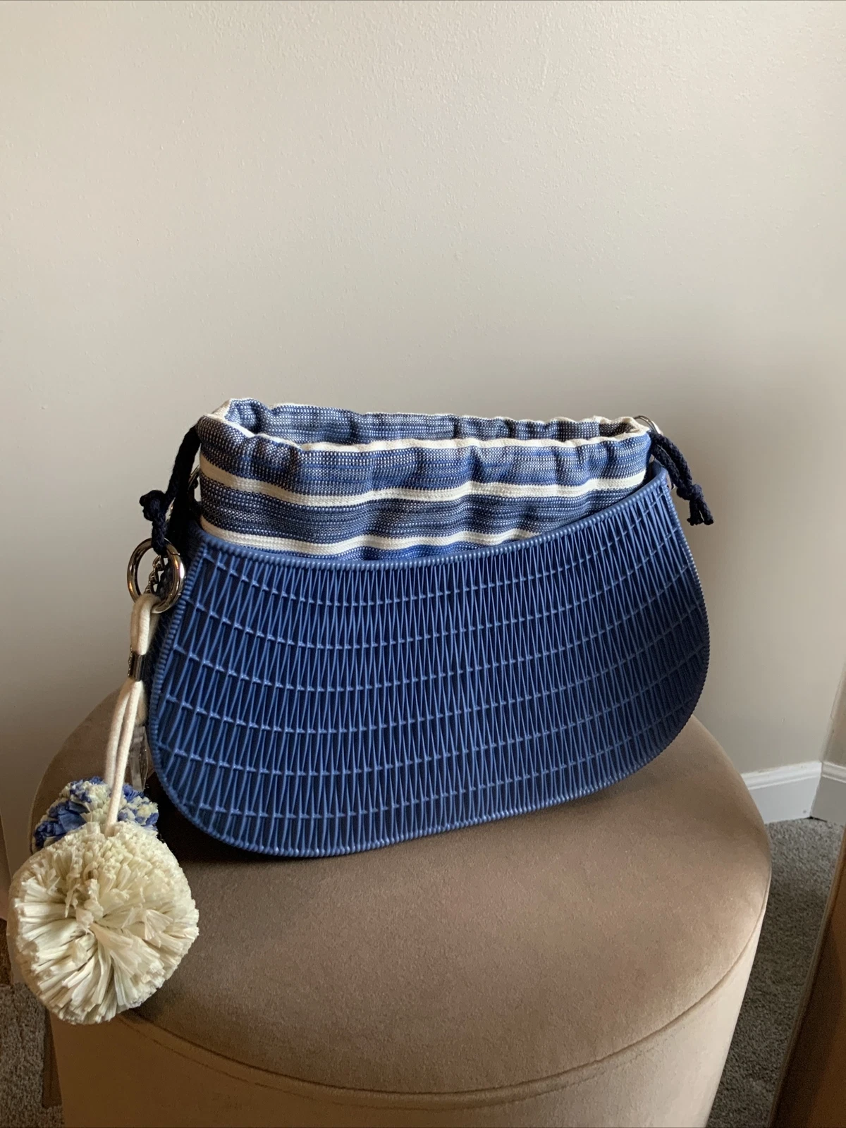 O Bag Made In Italy Rubber Shoulder Fabric Insert Chain Handle Blue Striped Flaw - O Bag