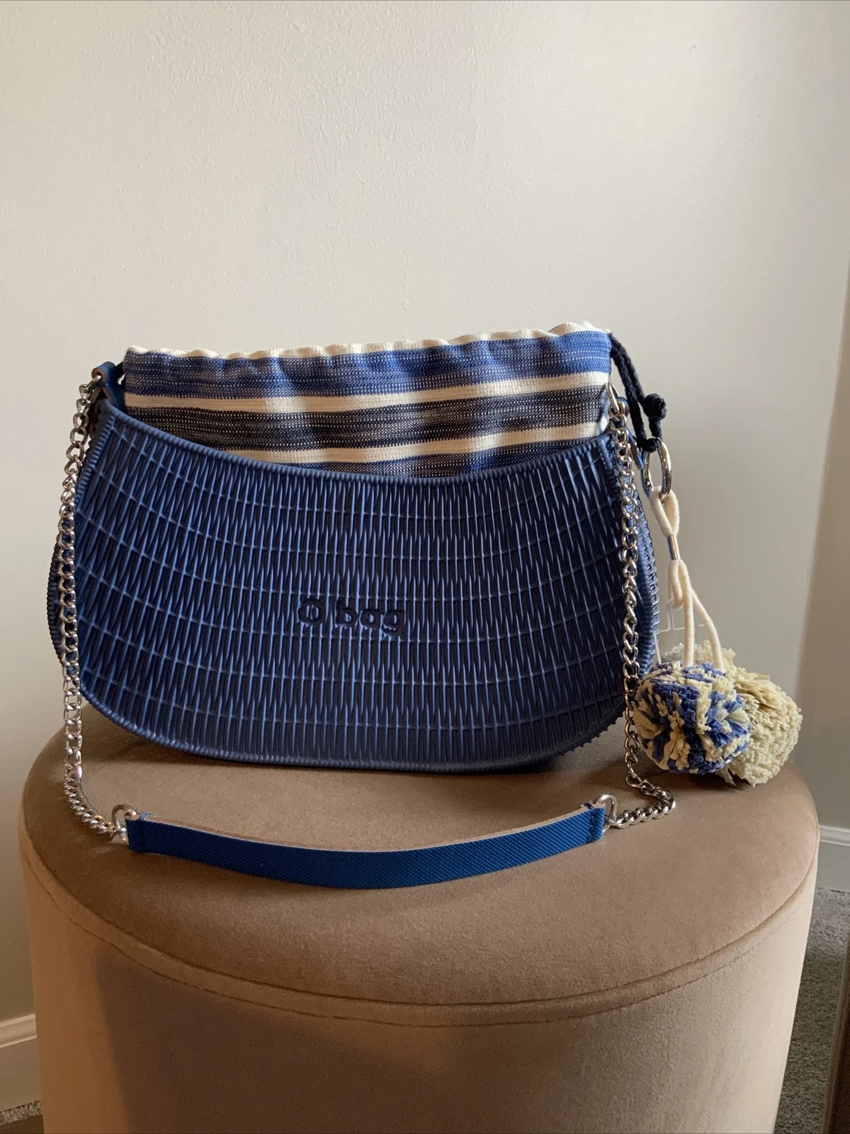 O Bag Made In Italy Rubber Shoulder Fabric Insert Chain Handle Blue Striped Flaw - O Bag