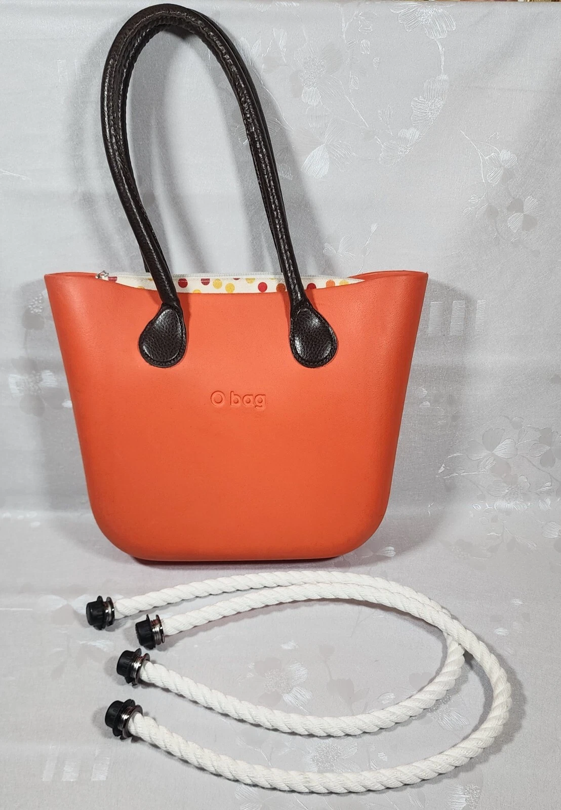 Obag Tote Bag Shoulder Bag Orange Brown Leather Handles w/ Canvas Insert - O Bag