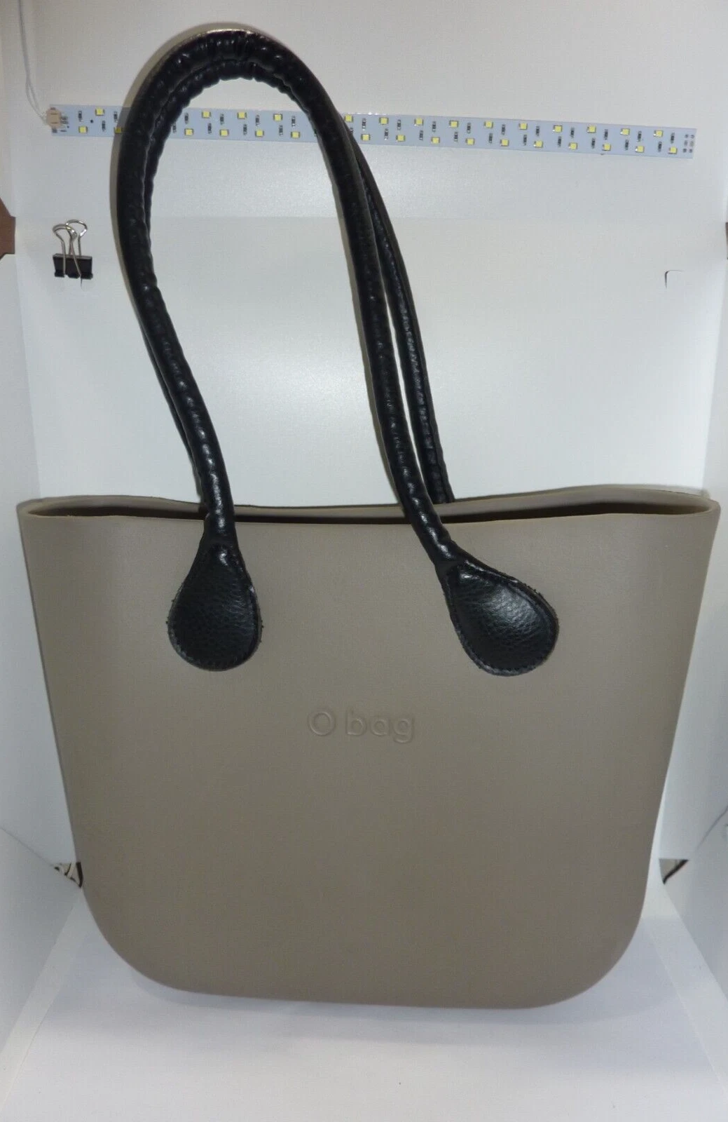 O Bag Made Italy Beach Summer Tote with Black Leather Handles TAUPE GRAY - O Bag