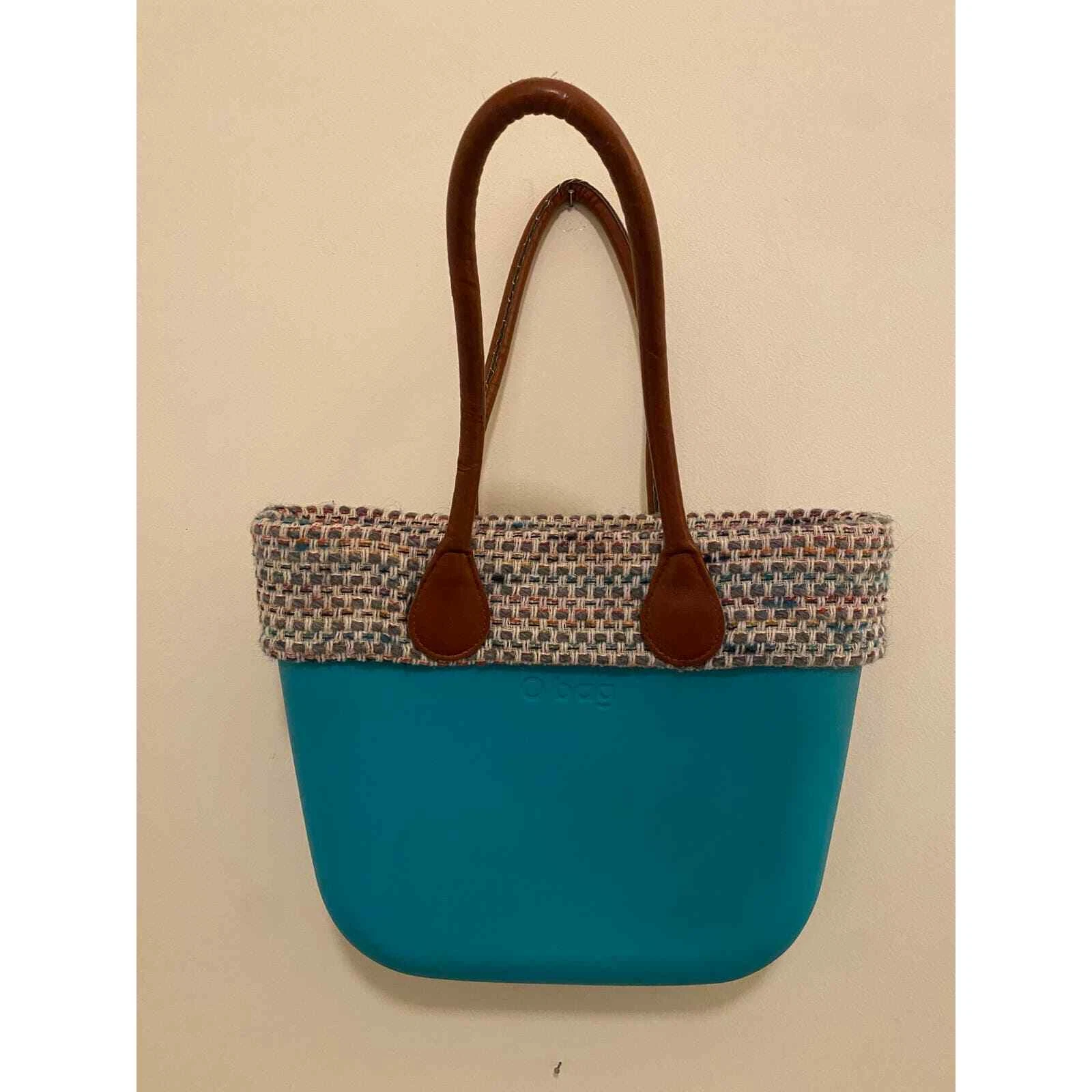 Italian O Bag TEAL with Plaid trim and Leather Handles - O Bag