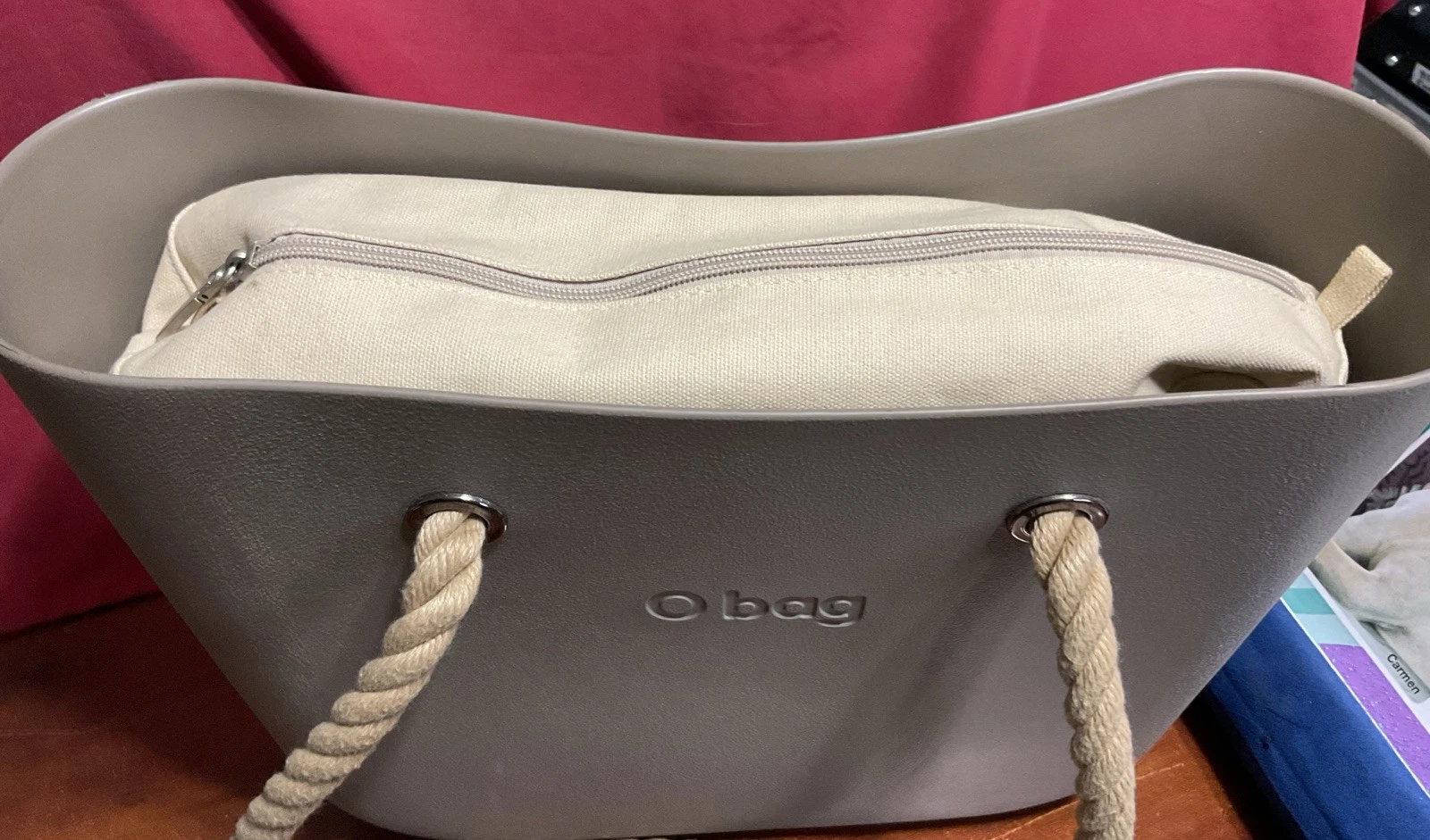 “O BAG “ ITALIAN MADE BAG GREY WATERPROOF ZIPPER LINER ROPE HANDLE - O Bag