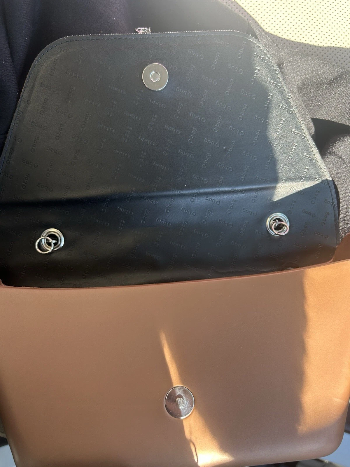 O bag Crossbody Purse Tan EVA Body w/Metallic Taupe Saffiano Flap Silver Strap - O Bag