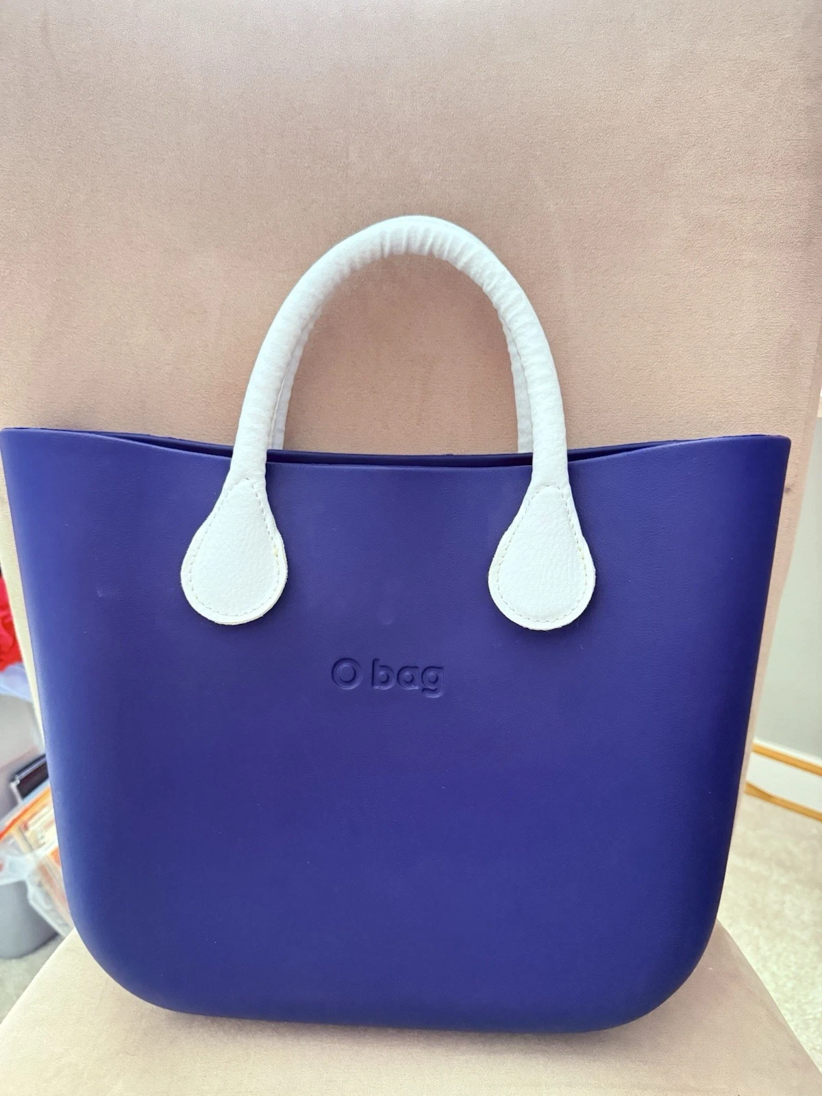 O Bag Blue Italian Handbag Purse Waterproof White Handles Removable Lining - O Bag