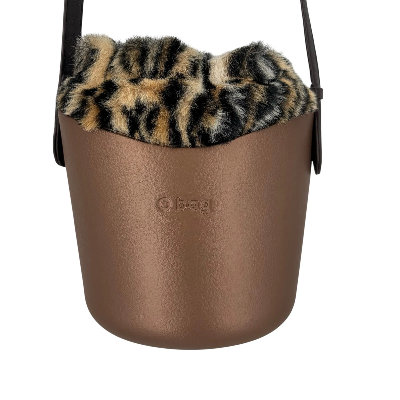 O Bag Italy Eva Compound Basket Tote Crossbody Bronze Faux Leopard Drawstring - O Bag