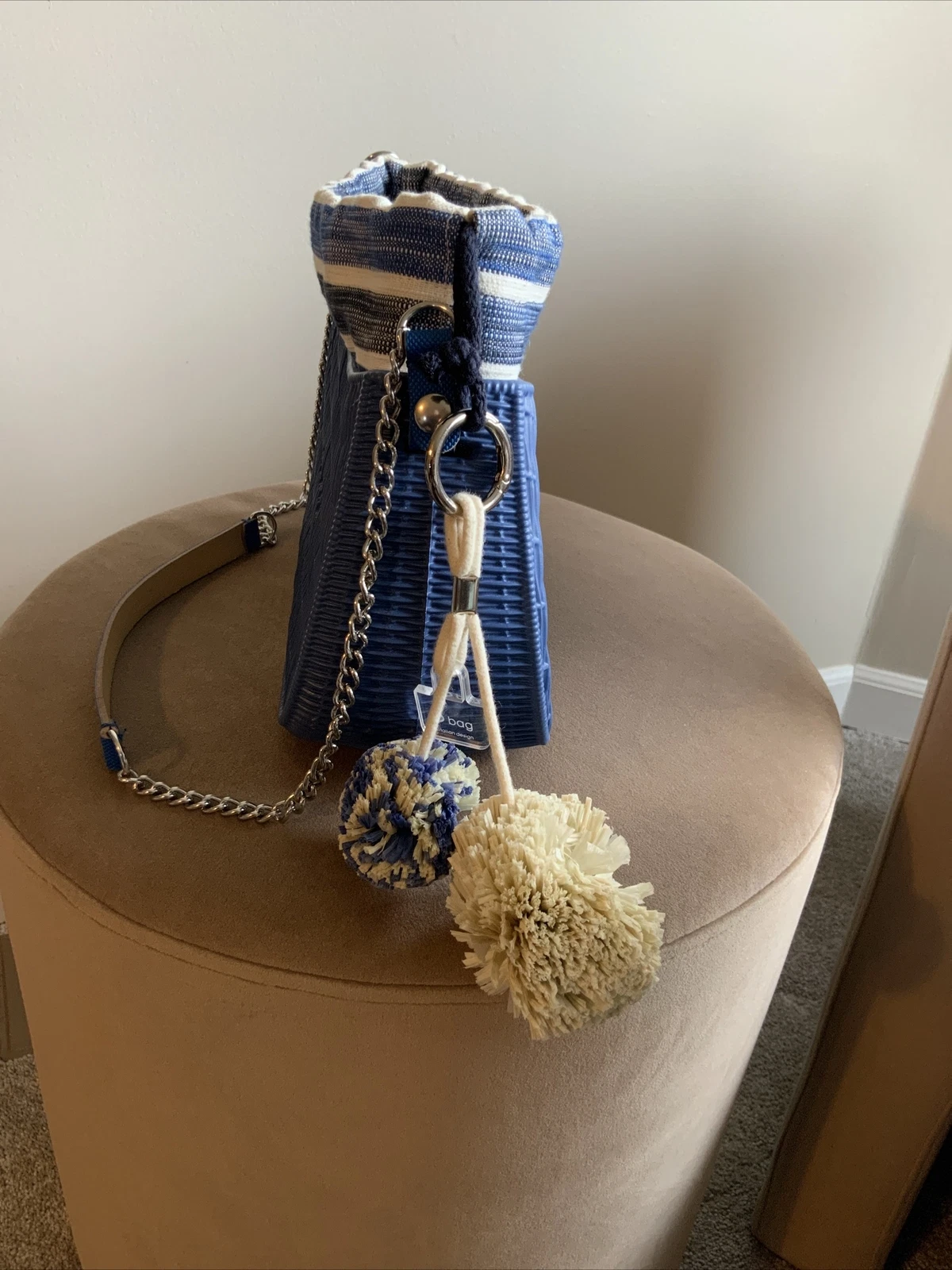 O Bag Made In Italy Rubber Shoulder Fabric Insert Chain Handle Blue Striped Flaw - O Bag