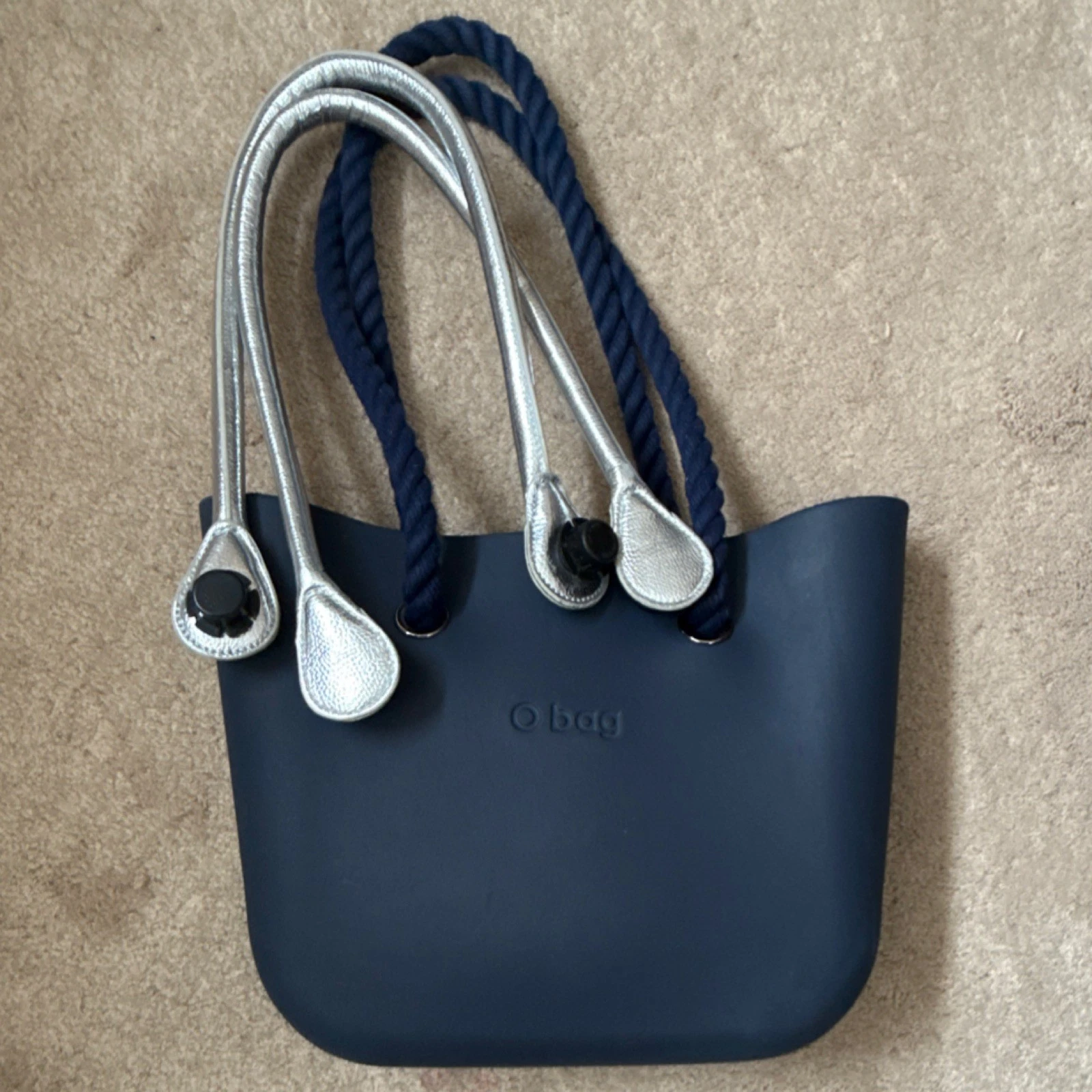 O bag Navy Blue Tote with Rope & Silver Handles, Detachable Strap, Zip, Lined - O Bag
