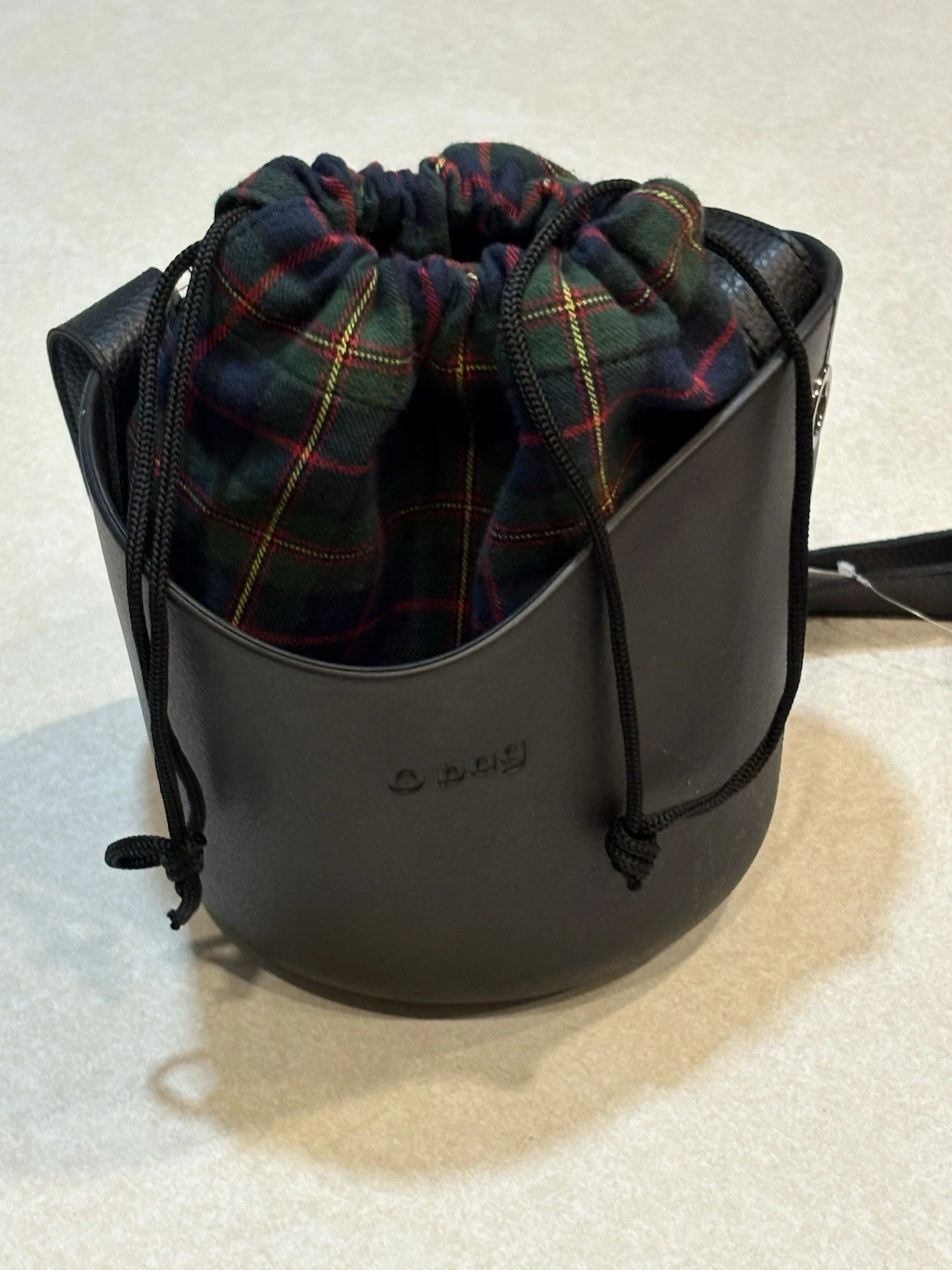 O Bag Italy Basket Tote Crossbody Purse Black Plaid Liner Drawstring New - O Bag