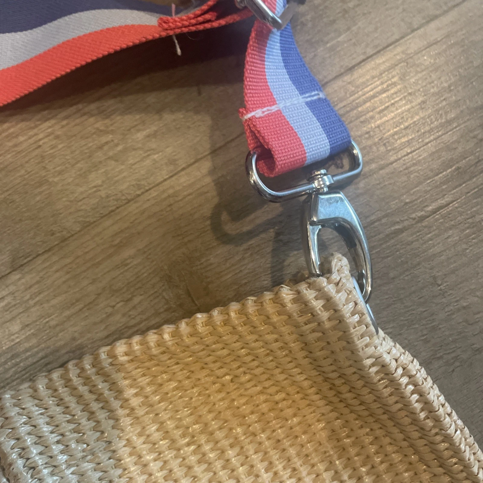 Vtg Obag Italy Blue Striped Woven Crossbody Purse w/Red + Blue Straps 12” x 15” - O Bag