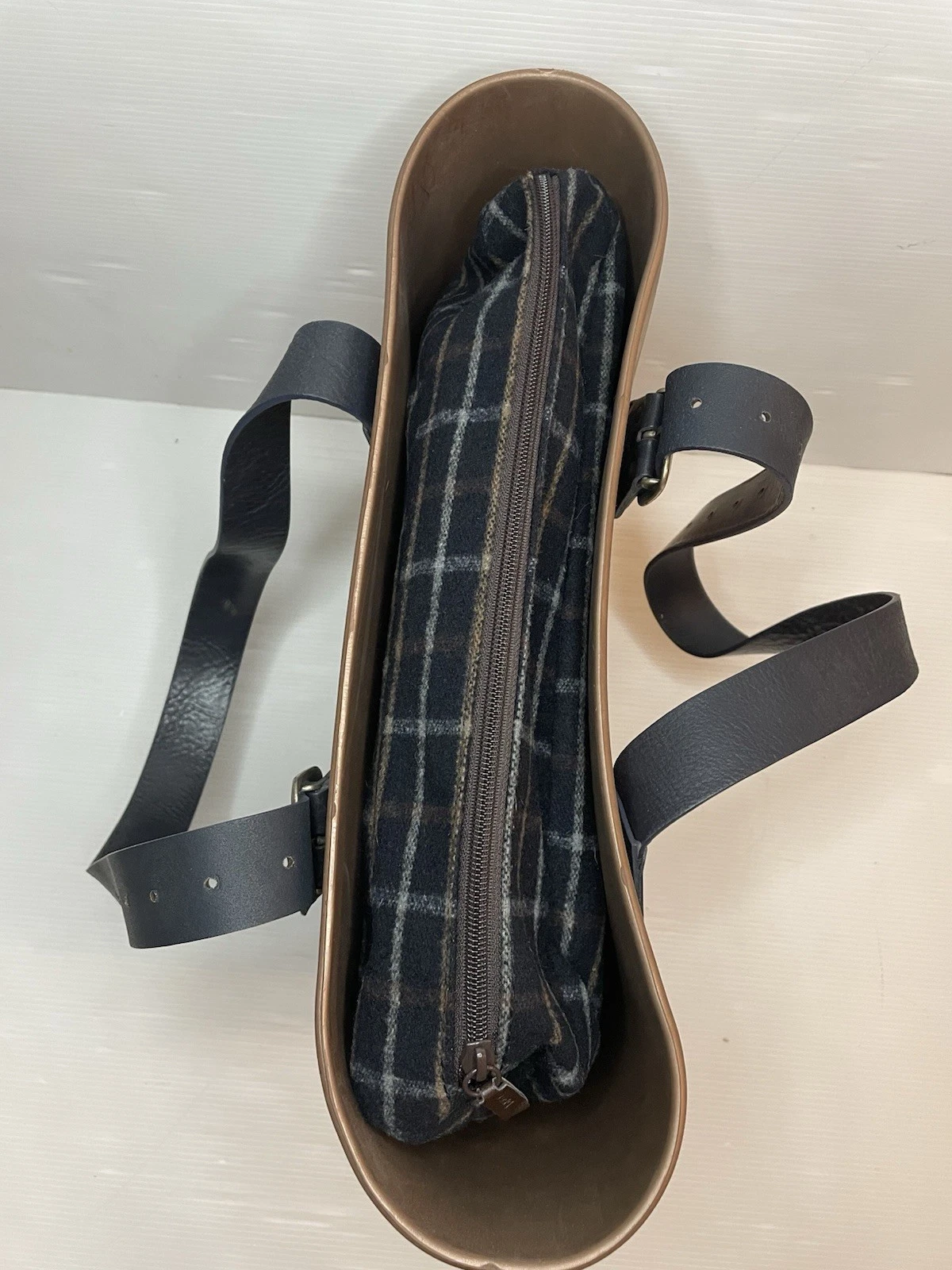 O Bag Italy Tan With Black Leather Straps Plaid Felt Liner Large Tote Bag - O Bag