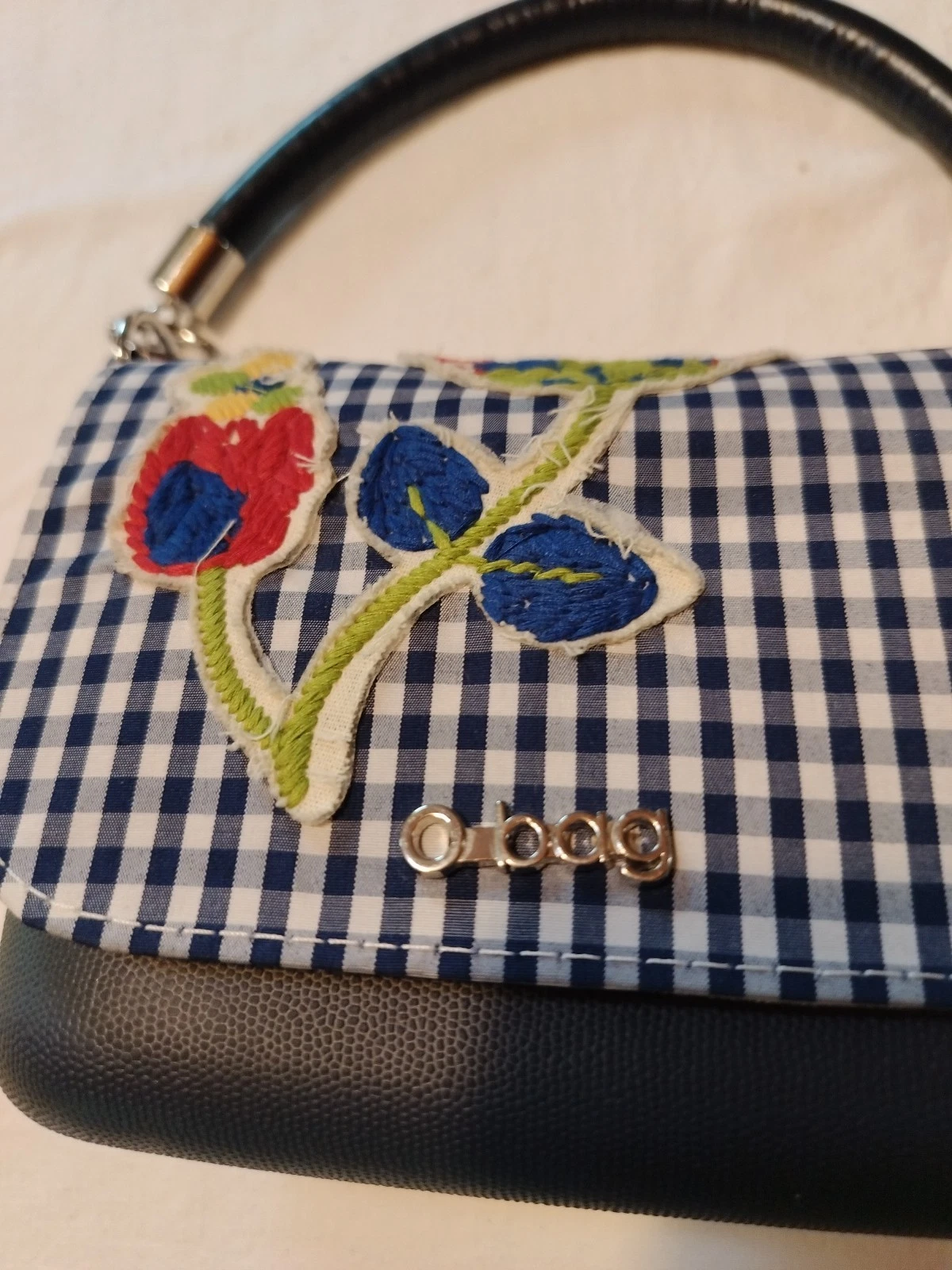 O Bag With A Checked Fabric Flap With Floral Embroidery, Small 6