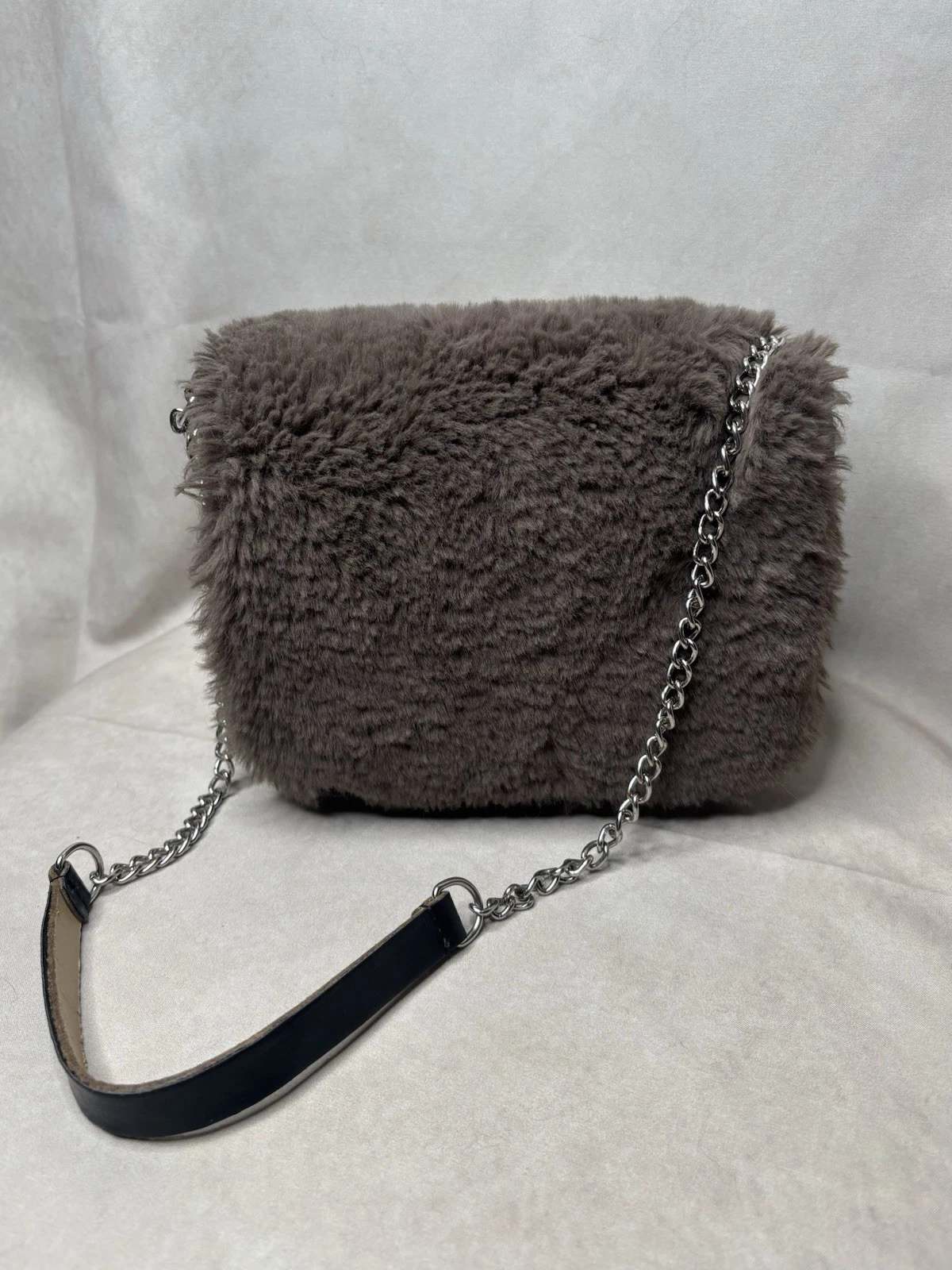 OBag Italy Faux Fur Mini Handbag Taupe Gray Blk Modular EVA Shell Chain Crossbod - O Bag