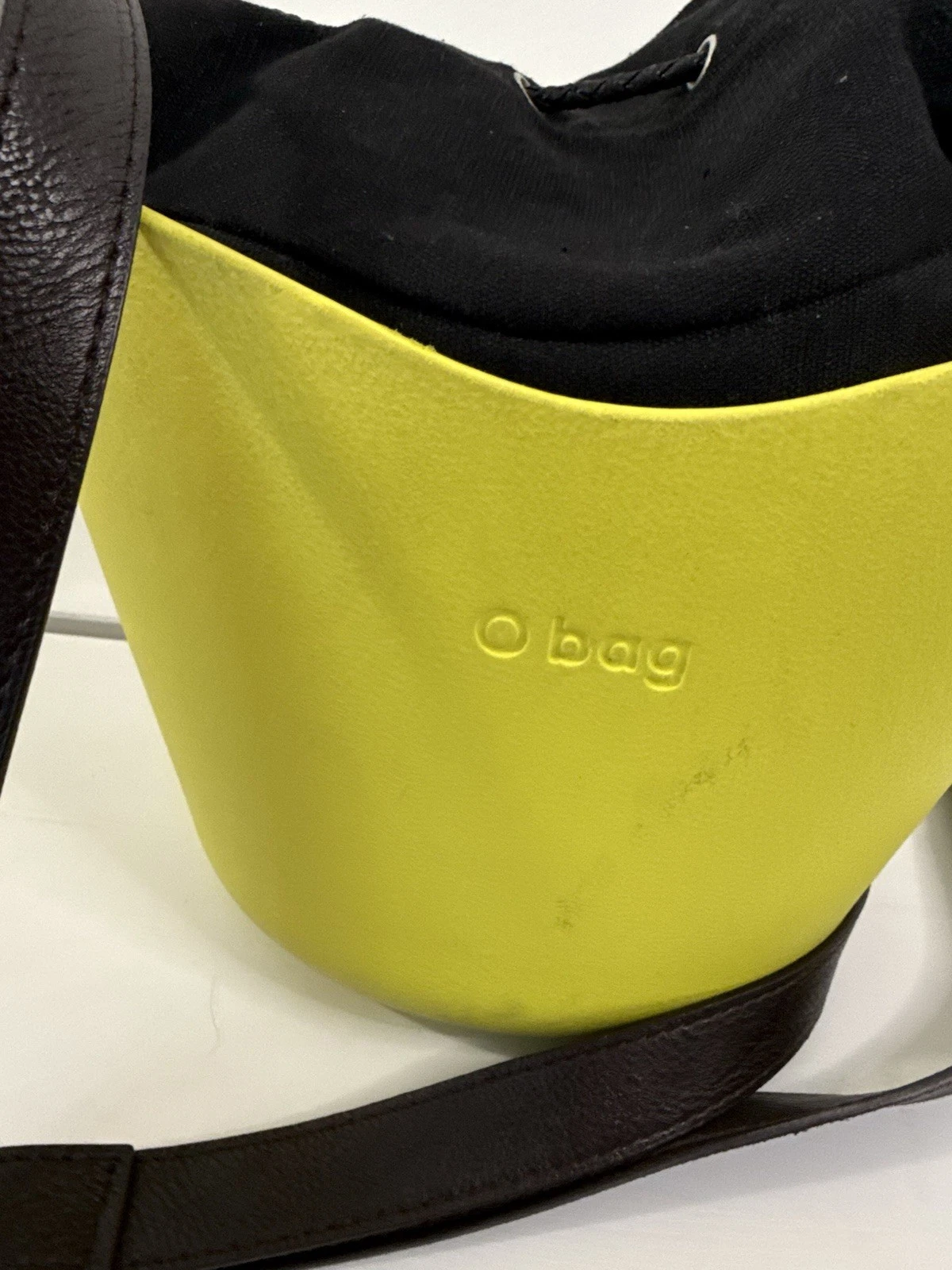 ✿ O bag Mini Bucket Bag Yellow Rubber Body Brown Leather Strap Crossbody Italy - O Bag