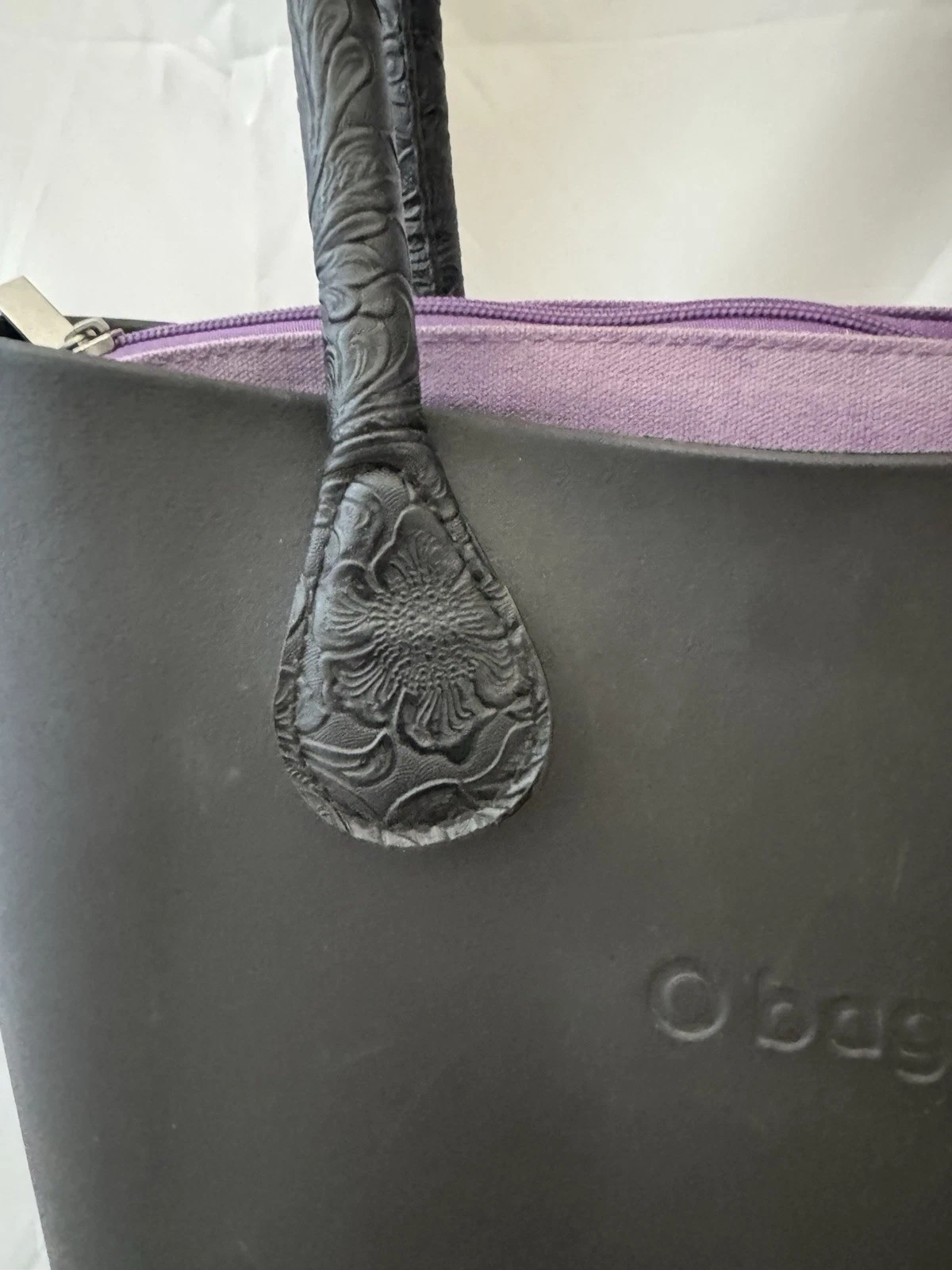 Black rubber O Bag w/ detachable purple liner, double tooled leather straps - O Bag