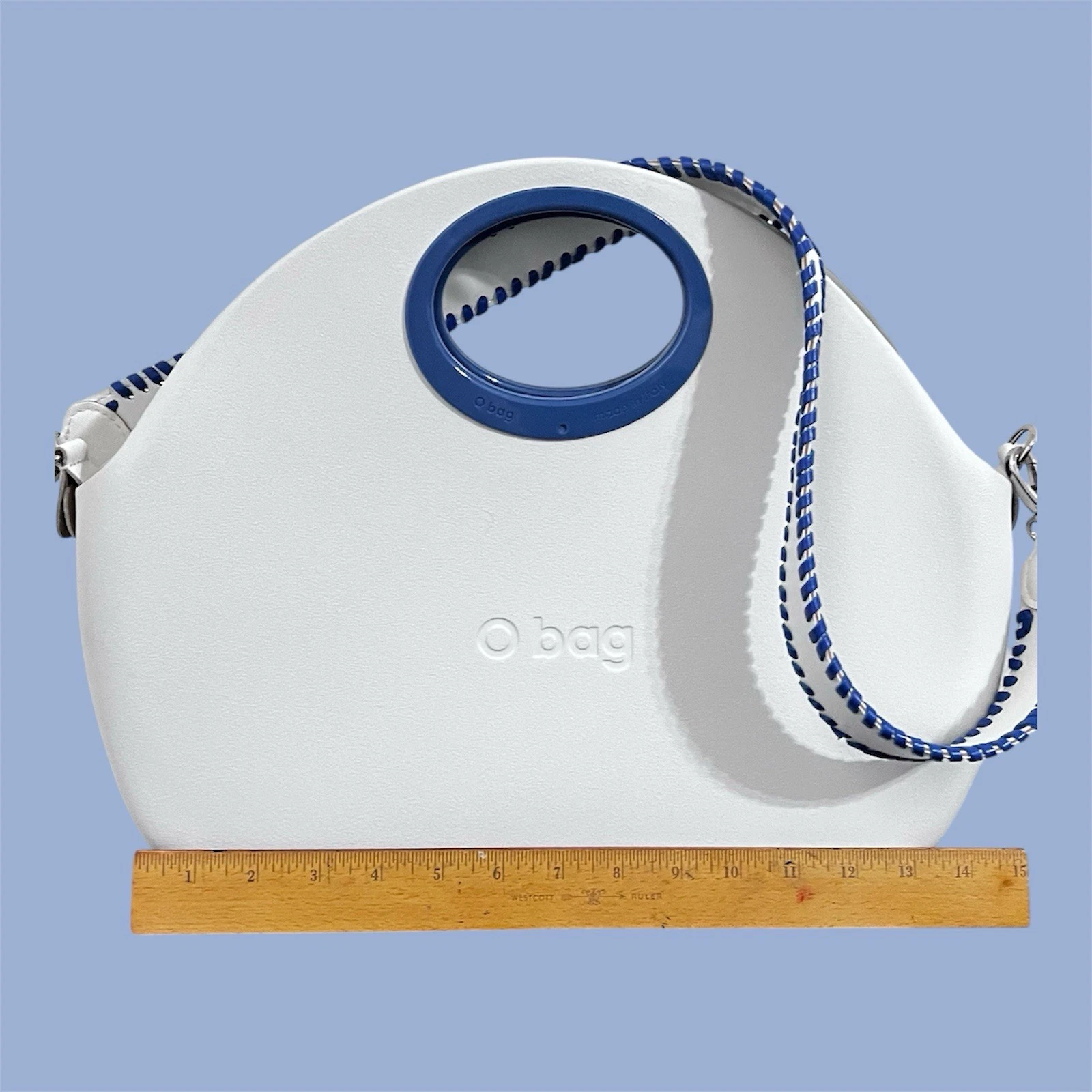 O bag Classic White Shell Blue Handles Liner Whipstitch Strap Modular Italy - O Bag