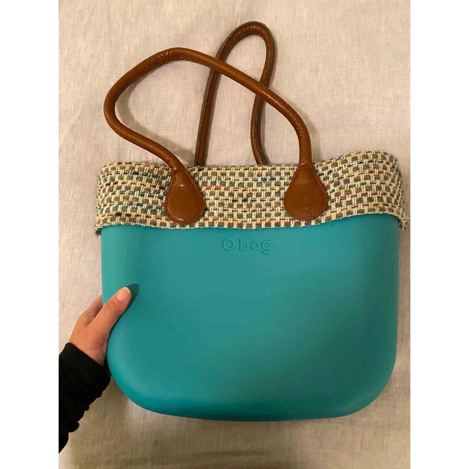 Italian O Bag TEAL with Plaid trim and Leather Handles - O Bag