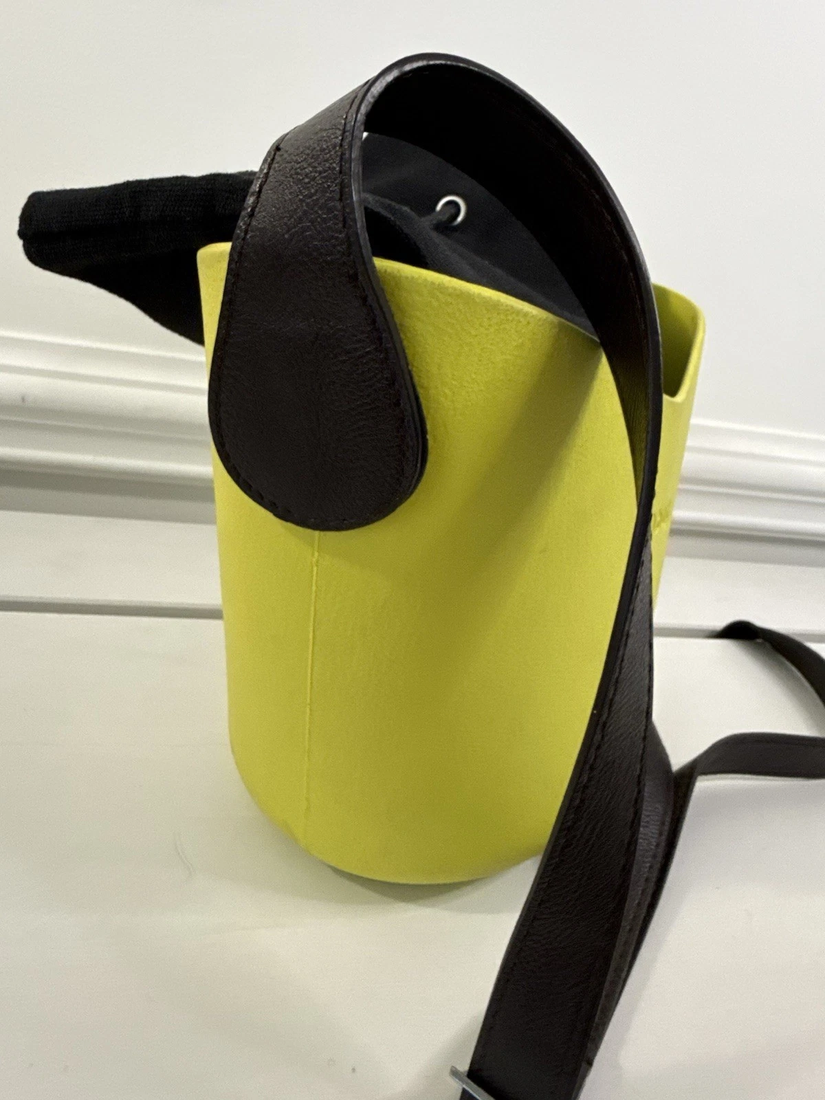 ✿ O bag Mini Bucket Bag Yellow Rubber Body Brown Leather Strap Crossbody Italy - O Bag