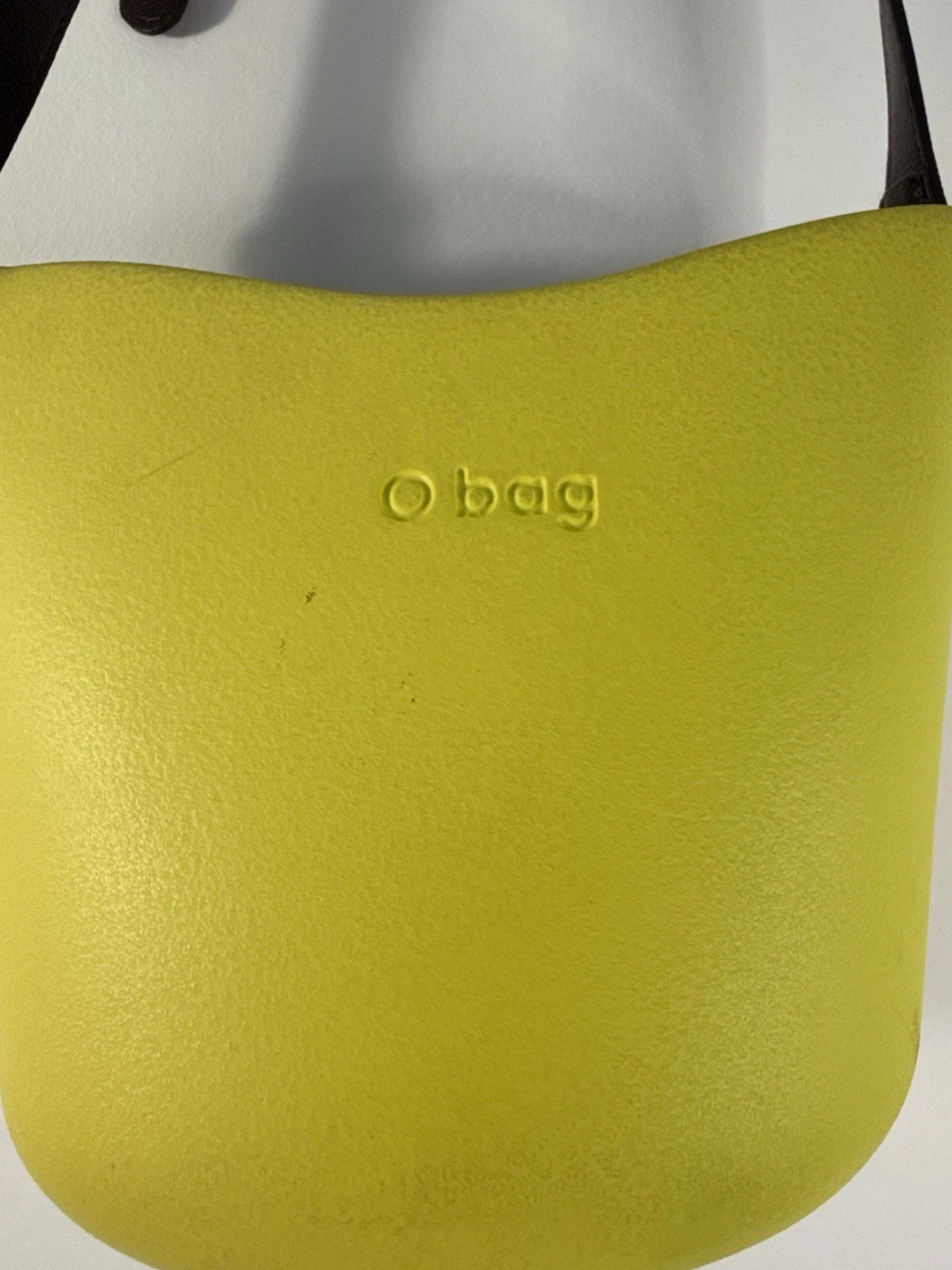 ✿ O bag Mini Bucket Bag Yellow Rubber Body Brown Leather Strap Crossbody Italy - O Bag