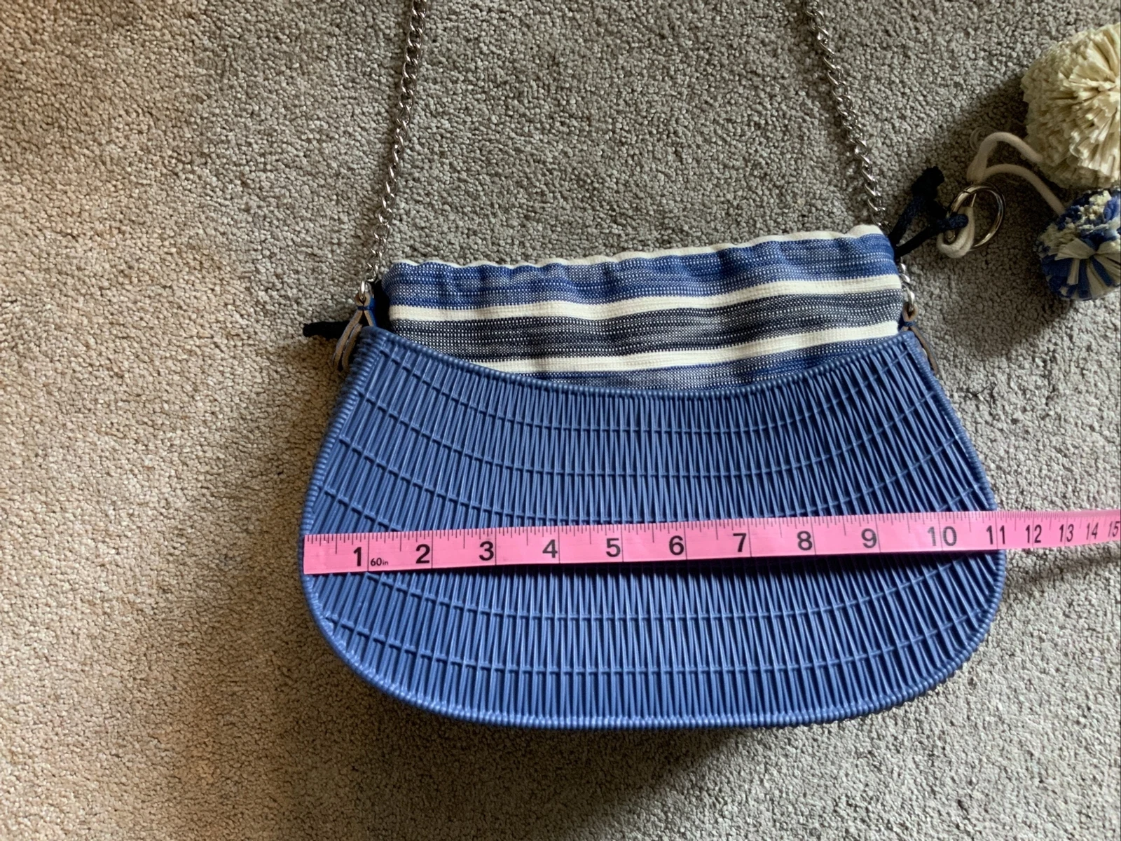 O Bag Made In Italy Rubber Shoulder Fabric Insert Chain Handle Blue Striped Flaw - O Bag