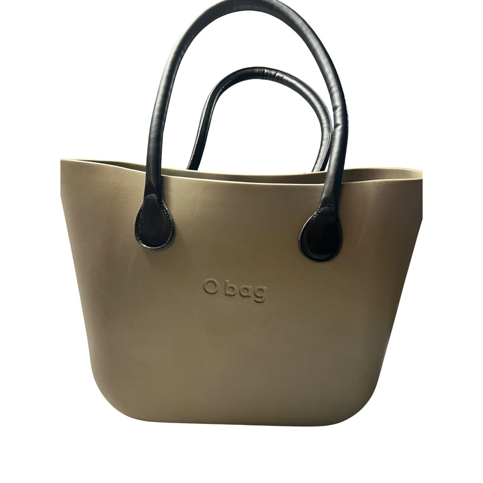 O bag Taupe Rubber Tote Bag with Black Faux Leather Handles - O Bag