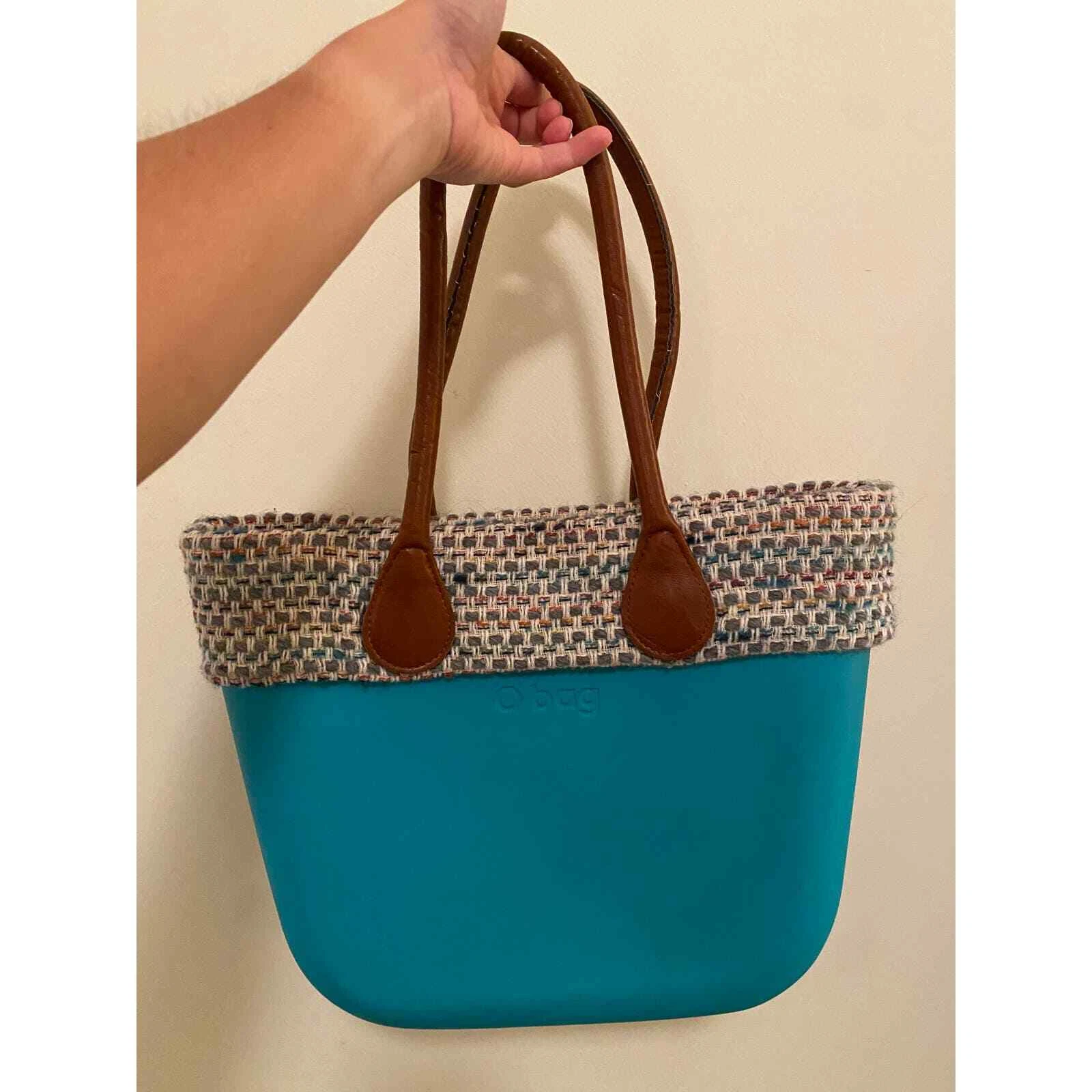 Italian O Bag TEAL with Plaid trim and Leather Handles - O Bag