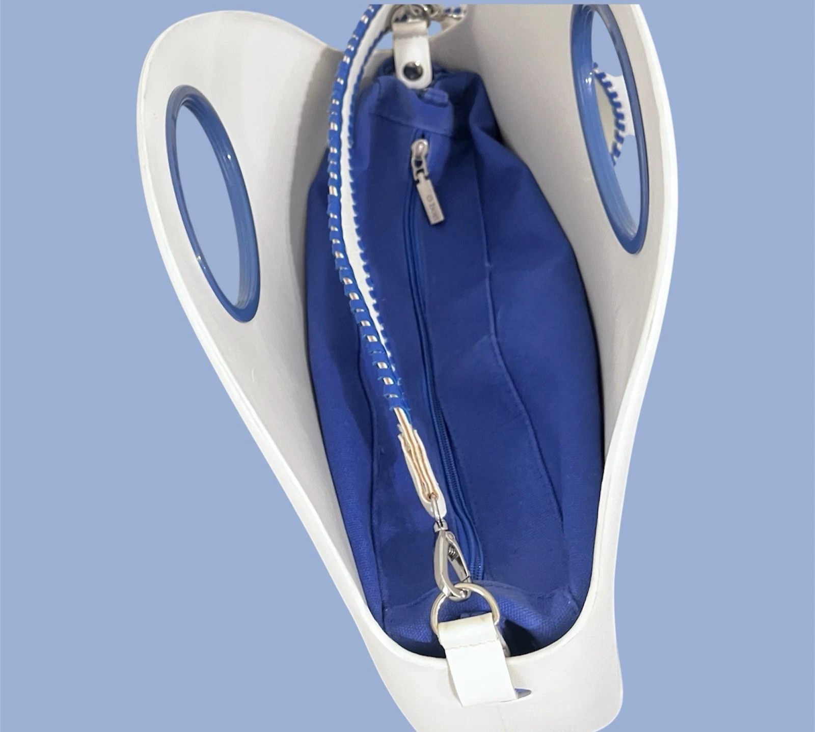 O bag Classic White Shell Blue Handles Liner Whipstitch Strap Modular Italy - O Bag