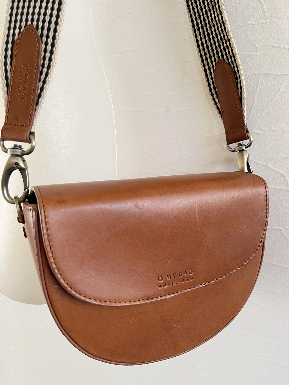 O My Bag Amsterdam AVA Cognac Leather Crossbody Saddle Bag Purse w/ 2 Straps EUC - O Bag