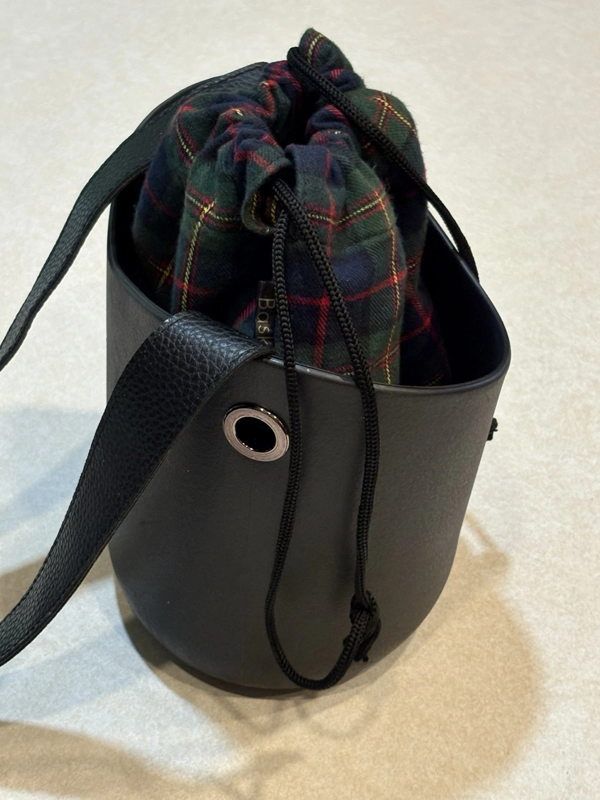 O Bag Italy Basket Tote Crossbody Purse Black Plaid Liner Drawstring New - O Bag