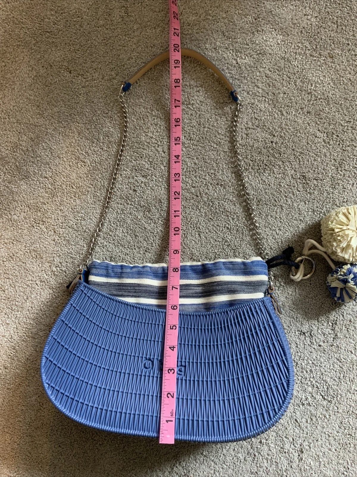 O Bag Made In Italy Rubber Shoulder Fabric Insert Chain Handle Blue Striped Flaw - O Bag