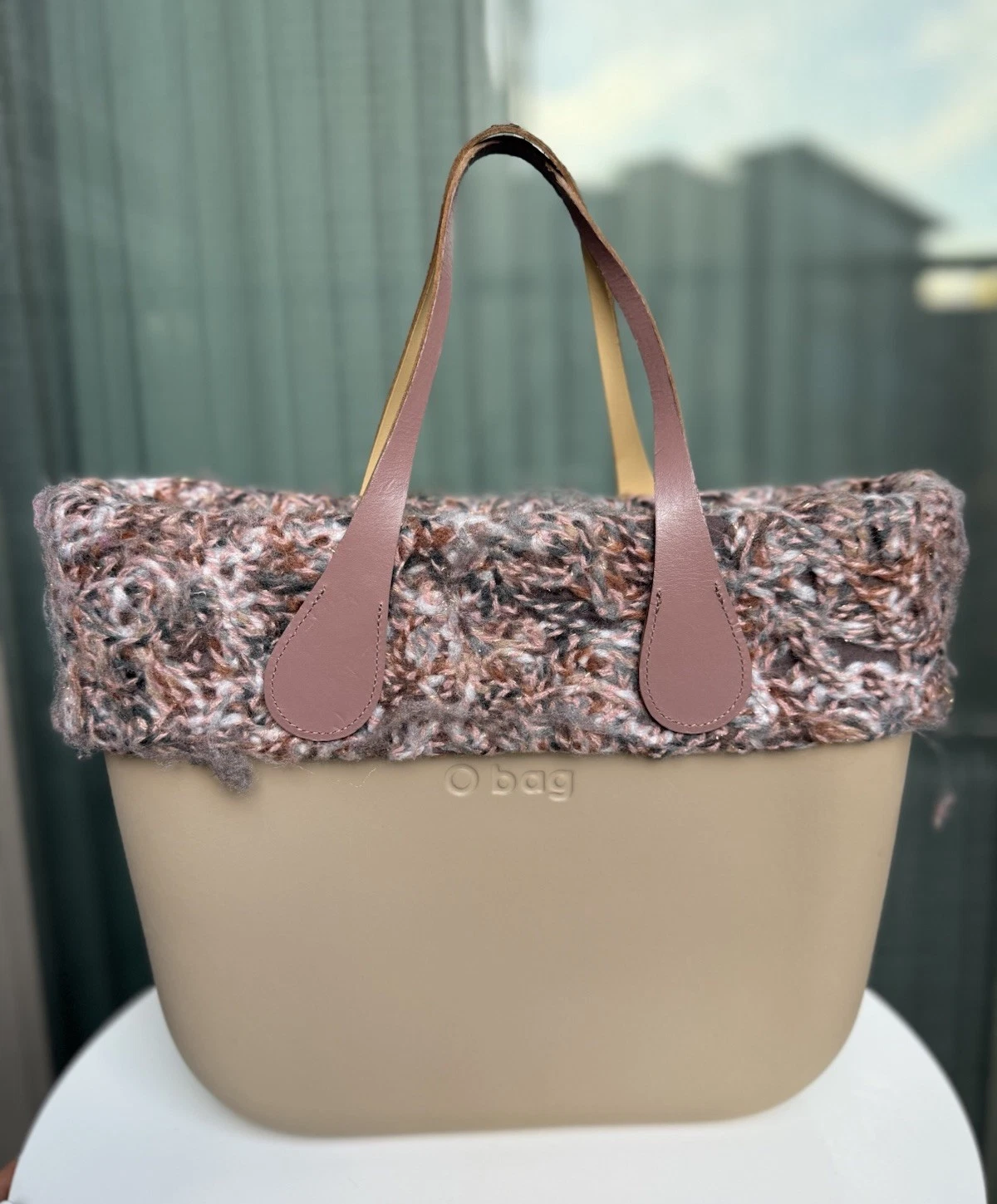 O Bag Beige Tote with Knit Tweed Top Trim & Pink Handles - O Bag