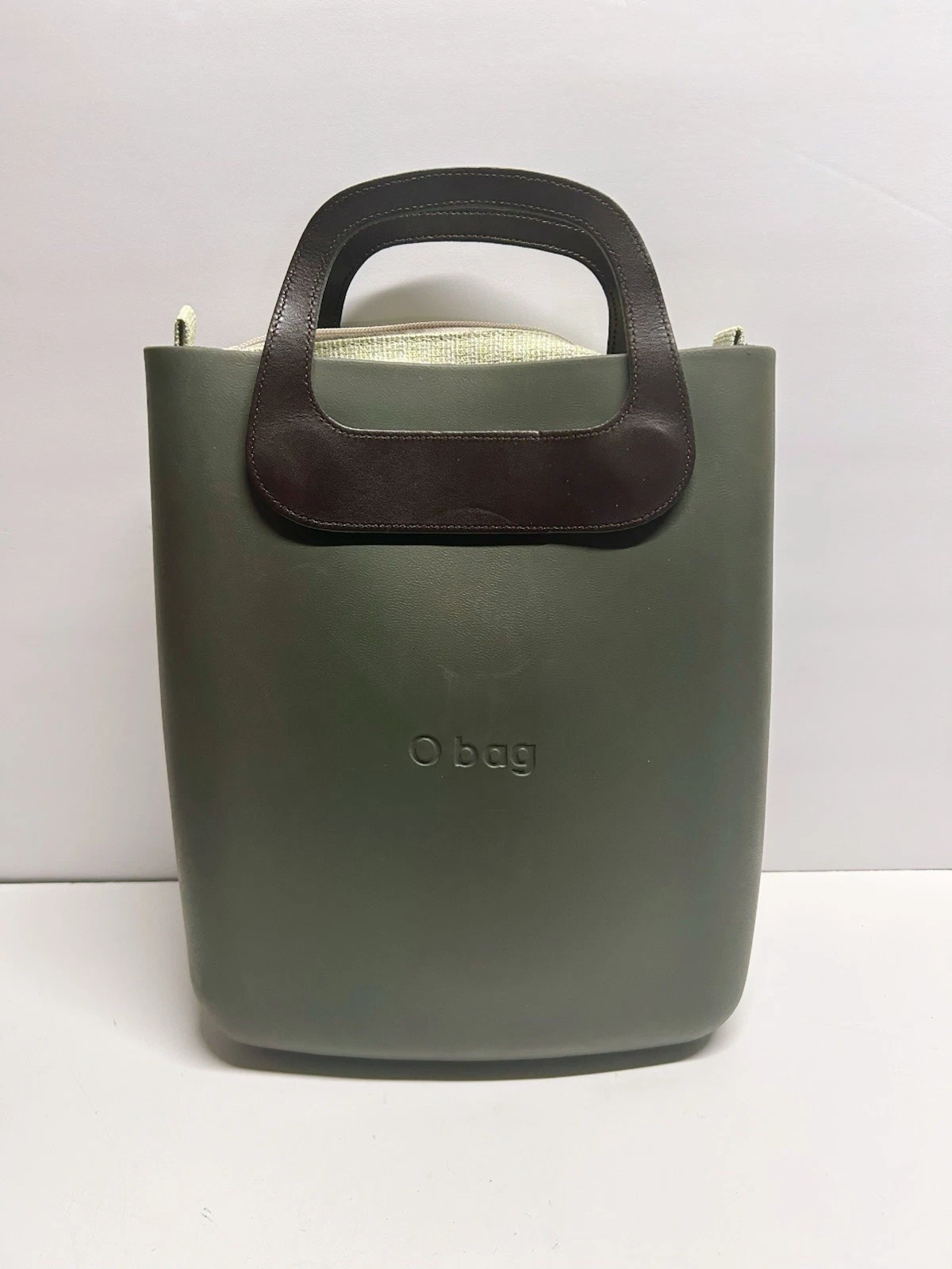 O bag Olive Green Rubber Tote Handbag w Removable Liner Insert Made In Italian - O Bag