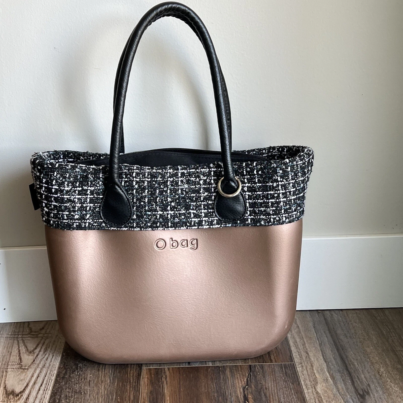 O bag Obag Italy Bronze Brown / Black Handles & Tweed Insert Tote Purse Handbag - O Bag