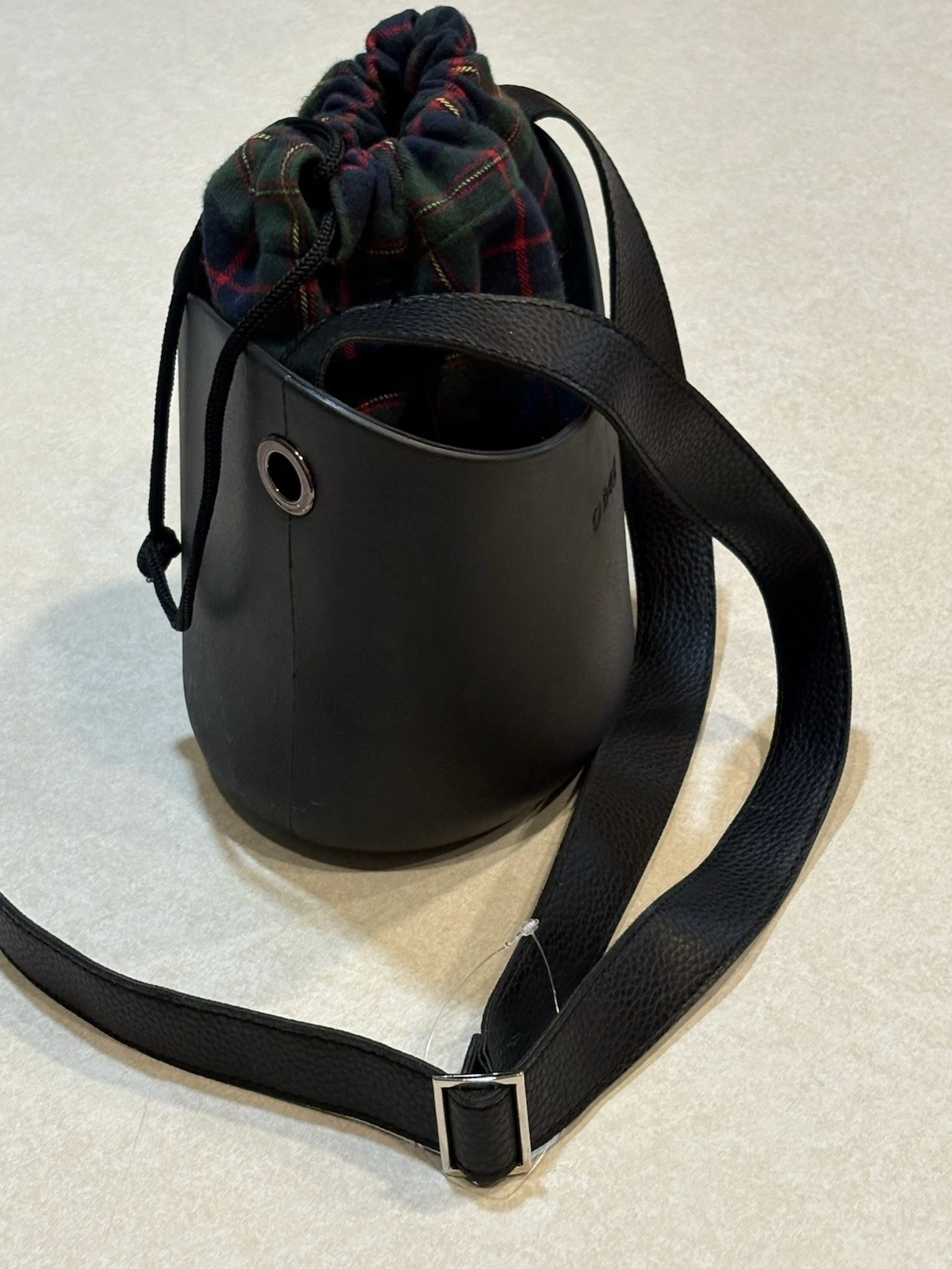 O Bag Italy Basket Tote Crossbody Purse Black Plaid Liner Drawstring New - O Bag