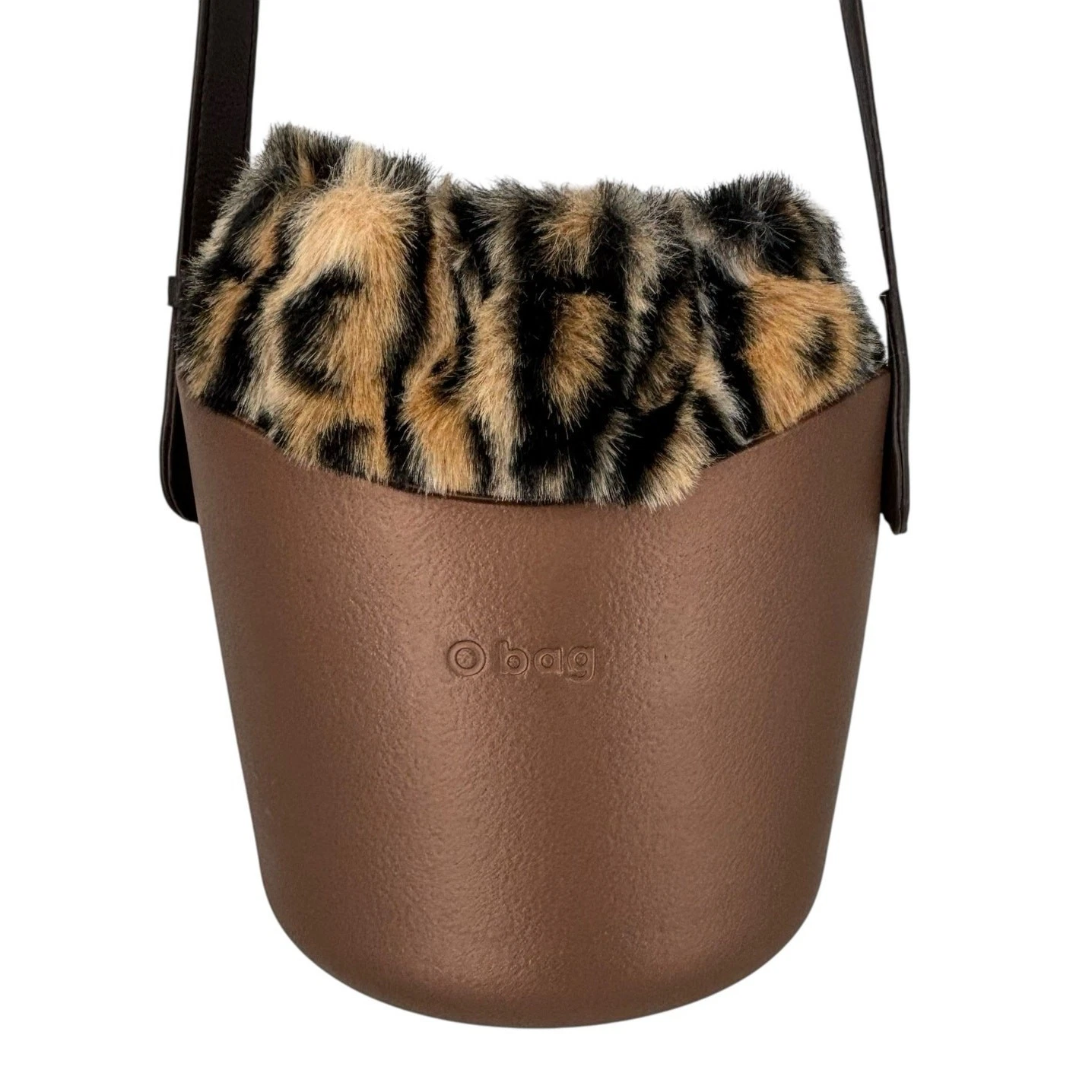 O Bag Italy Eva Compound Basket Tote Crossbody Bronze Faux Leopard Drawstring - O Bag