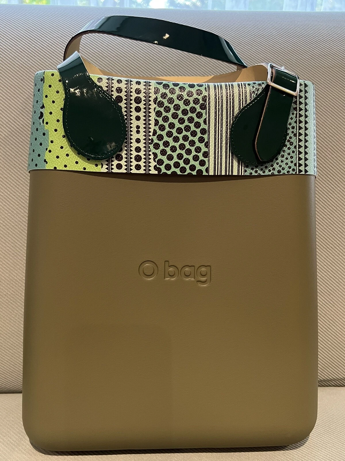 O bag Obag Italy Metallic Green Printed Trim Borsa Chic Eva Large Tote Purse New - O Bag