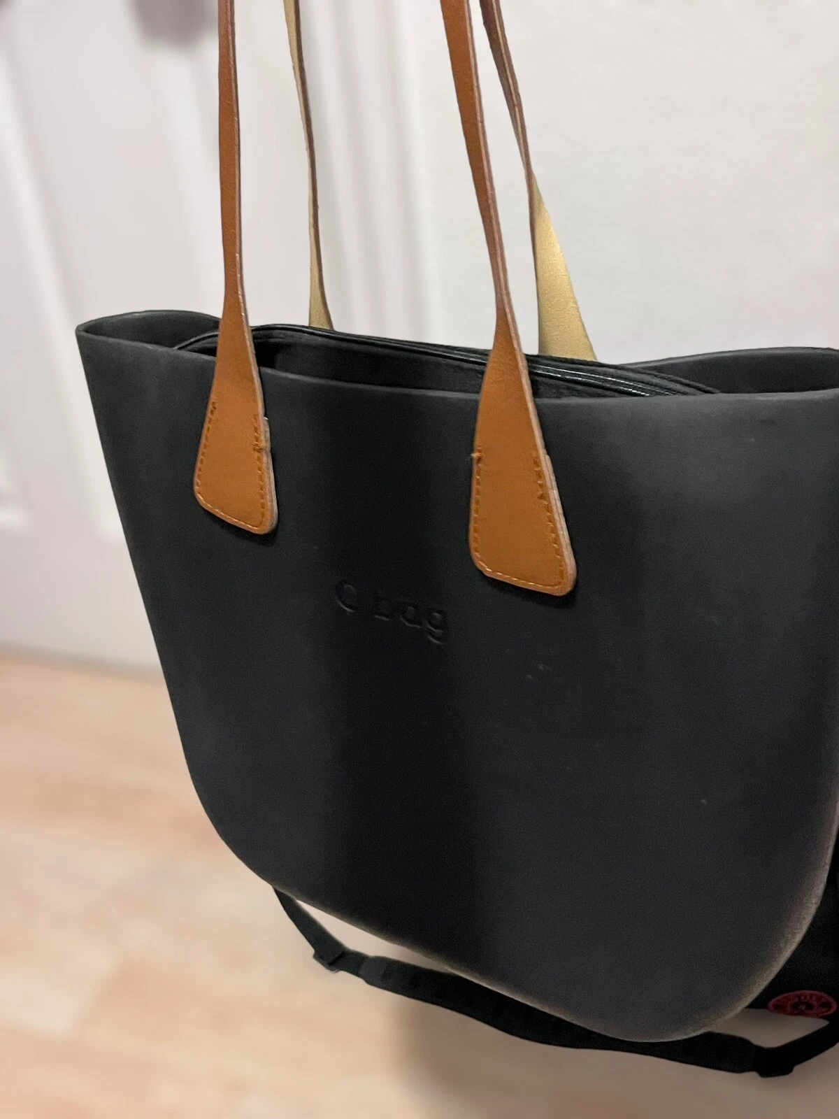 O Bag Italy Black Tote Rubber Canvas Insert Brown Faux Leather Handles - O Bag