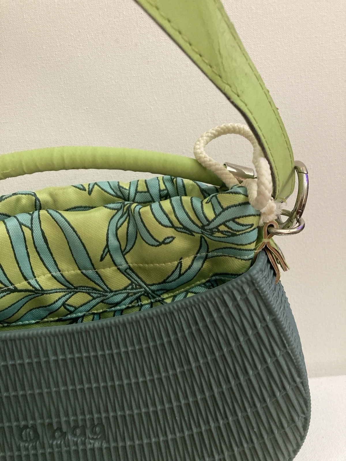 O bag Italian Green Gray Bag plastic on the bottom fabric bag inside 11x7 boho - O Bag