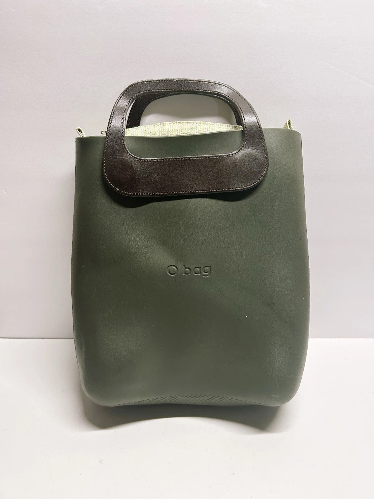 O bag Olive Green Rubber Tote Handbag w Removable Liner Insert Made In Italian - O Bag