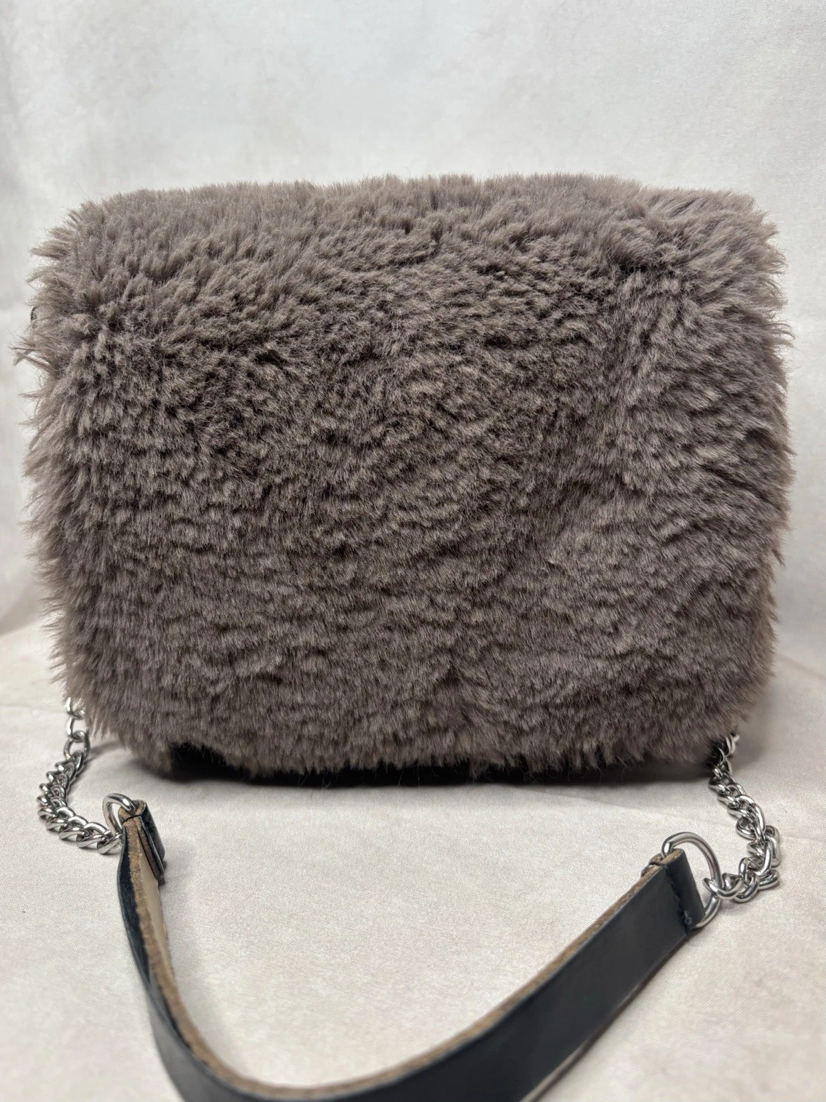 OBag Italy Faux Fur Mini Handbag Taupe Gray Blk Modular EVA Shell Chain Crossbod - O Bag