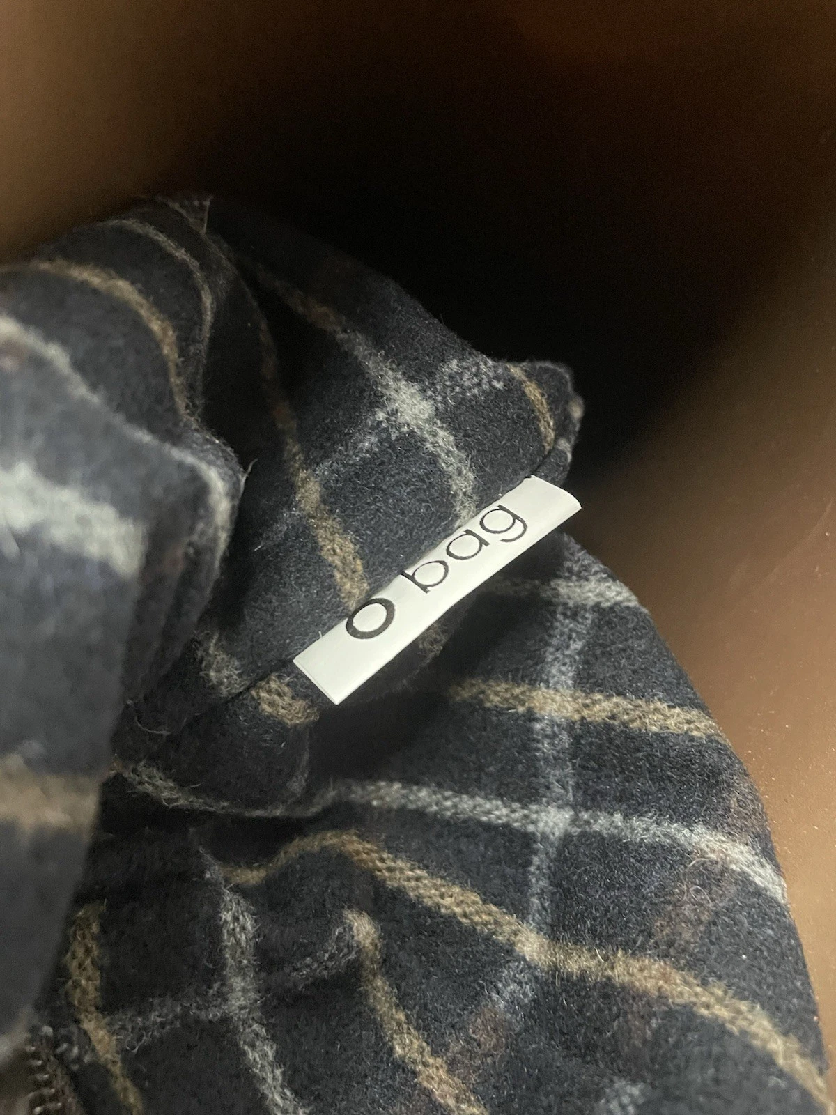 O Bag Italy Tan With Black Leather Straps Plaid Felt Liner Large Tote Bag - O Bag