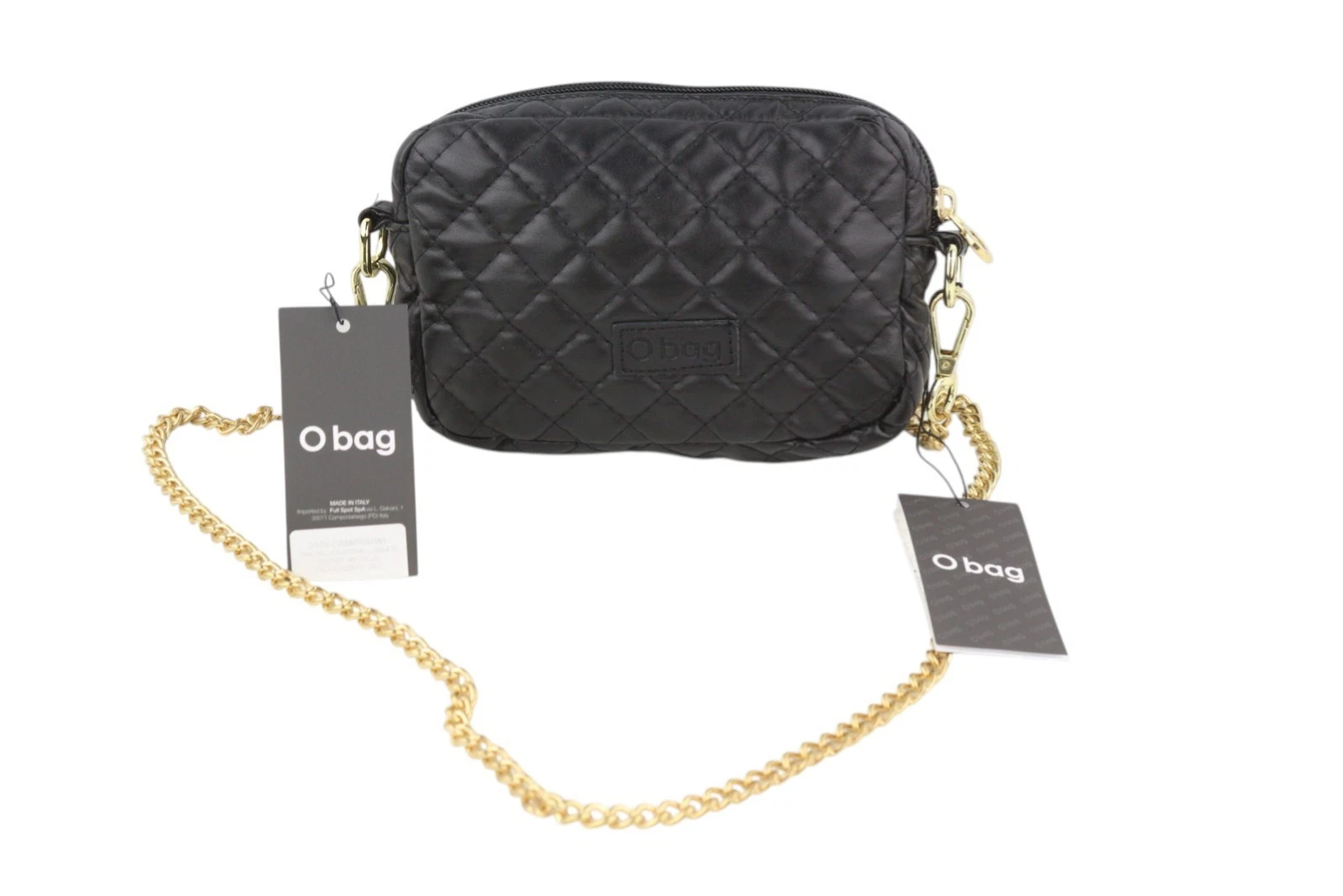 O Bag Extra Pocket Women's Bag OS Black Quilted Coated Gold Chain Crossbody - O Bag